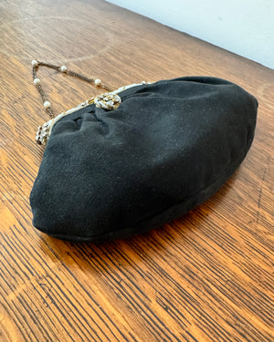 Antique Vintage 1930s French Black Suede with Seed Pearl Beads and Rhinestones Evening Pouch Purse Wristlet Bag with Chain and Pearl Strap