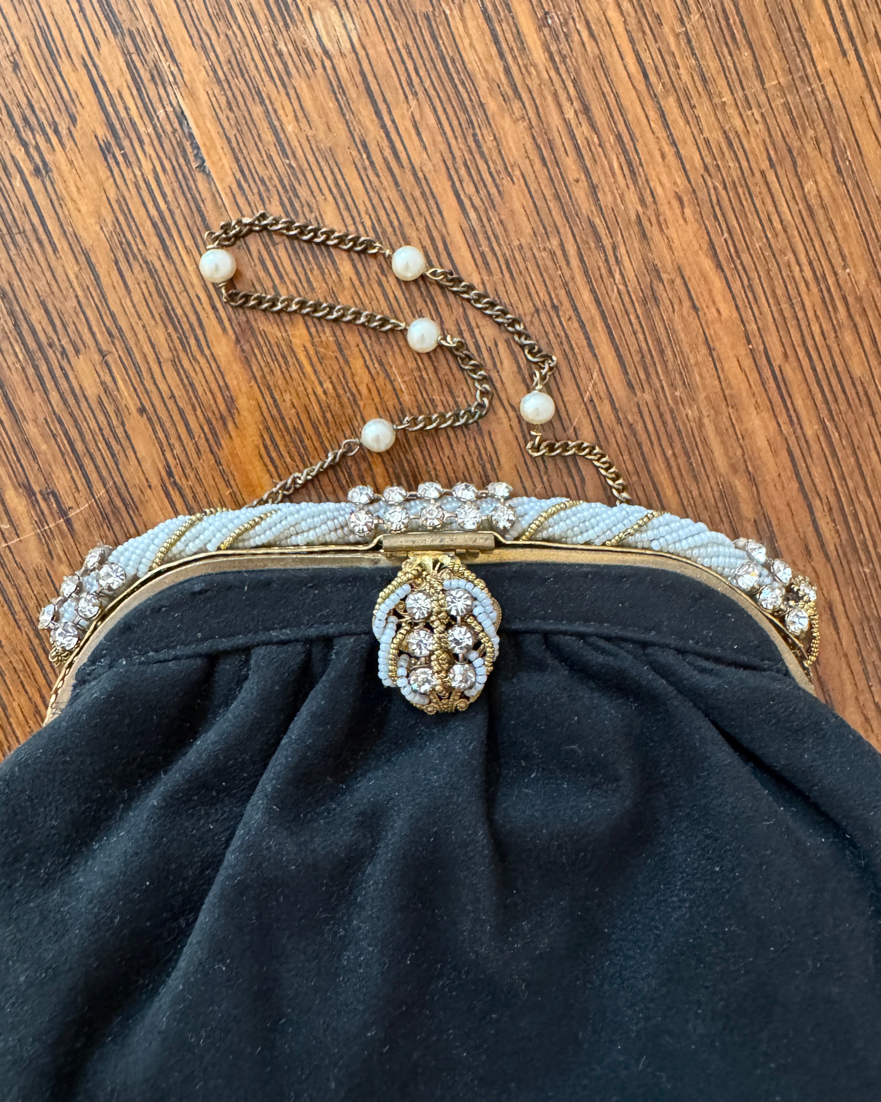 Antique Vintage 1930s French Black Suede with Seed Pearl Beads and Rhinestones Evening Pouch Purse Wristlet Bag with Chain and Pearl Strap