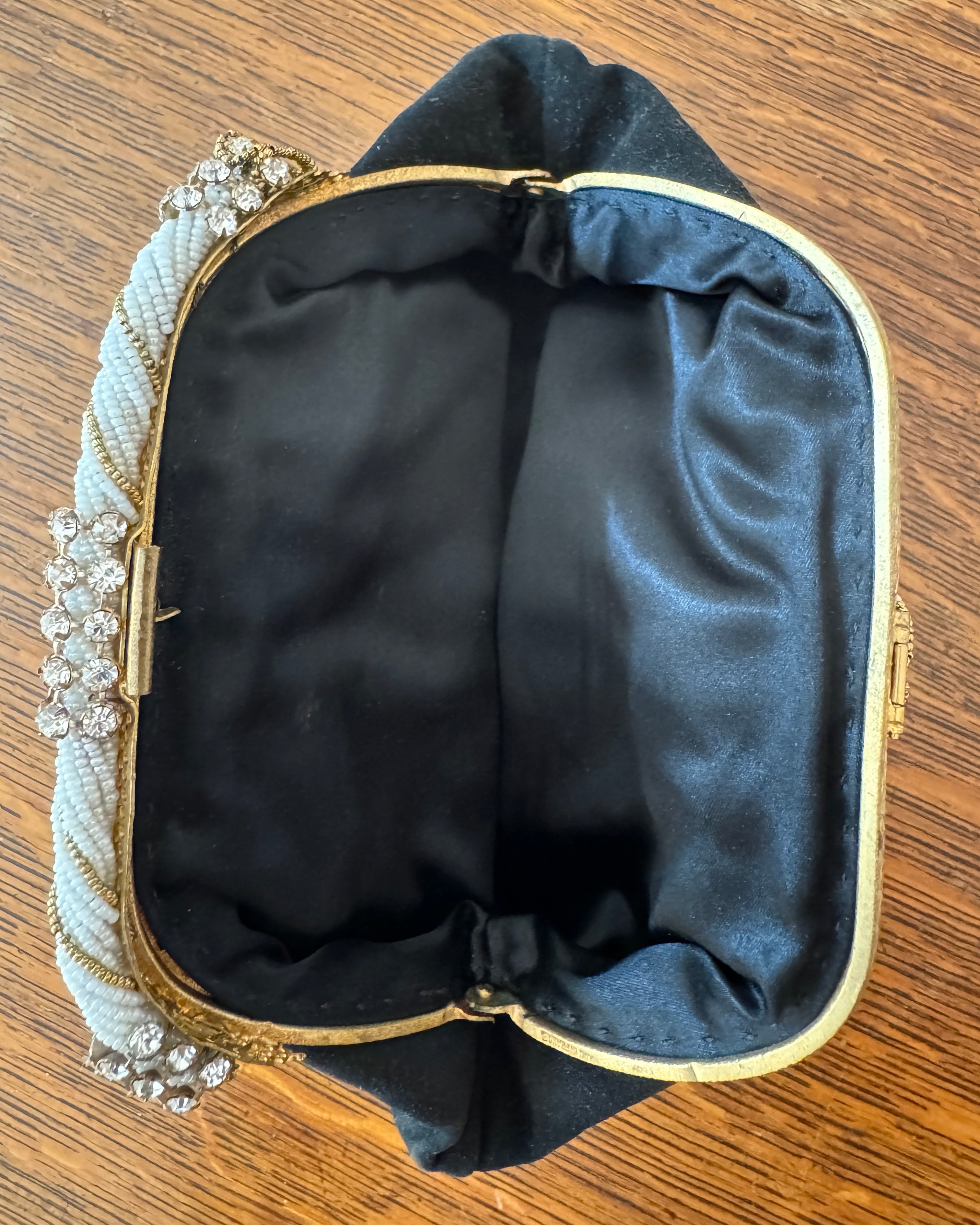 Antique Vintage 1930s French Black Suede with Seed Pearl Beads and Rhinestones Evening Pouch Purse Wristlet Bag with Chain and Pearl Strap
