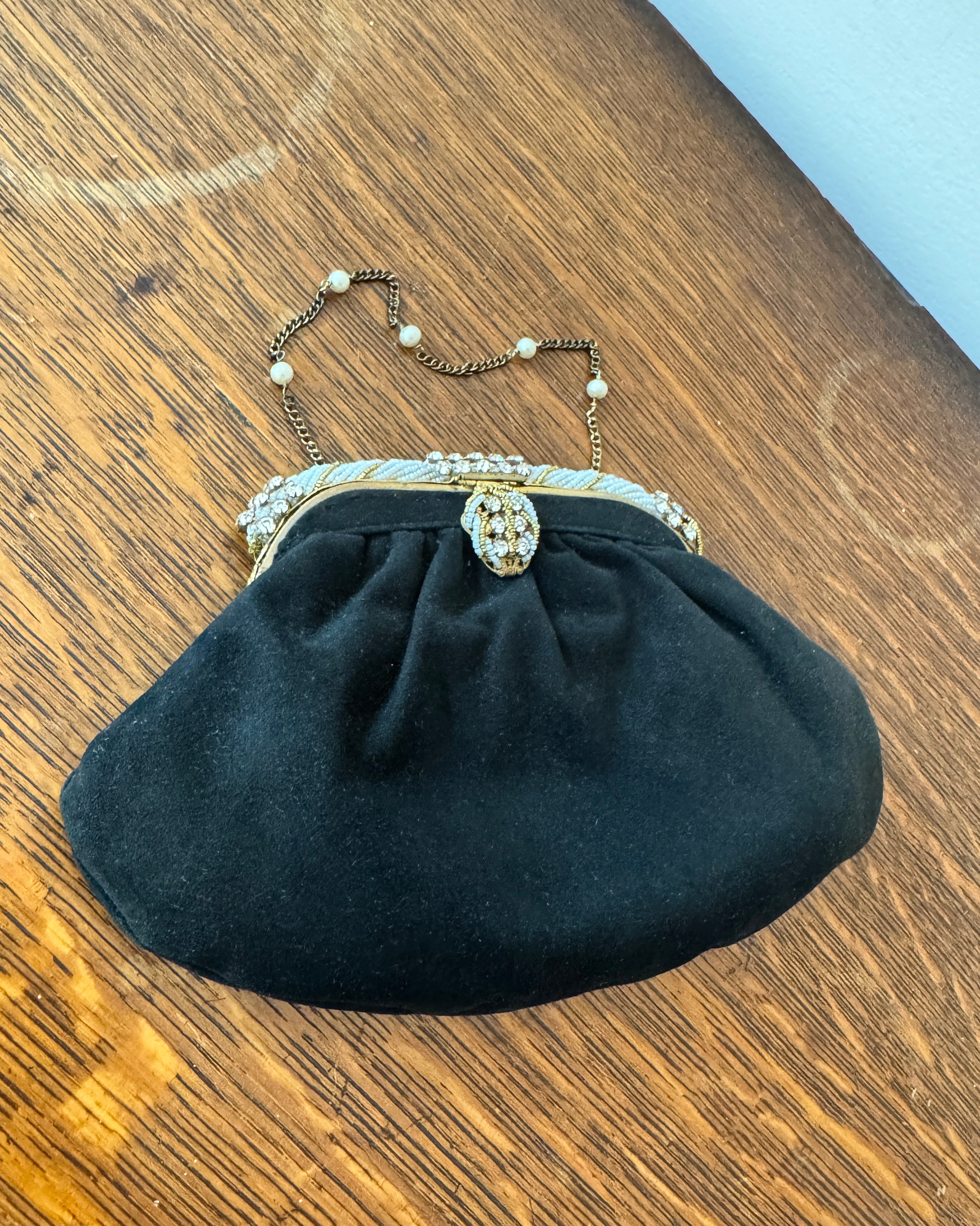Antique Vintage 1930s French Black Suede with Seed Pearl Beads and Rhinestones Evening Pouch Purse Wristlet Bag with Chain and Pearl Strap