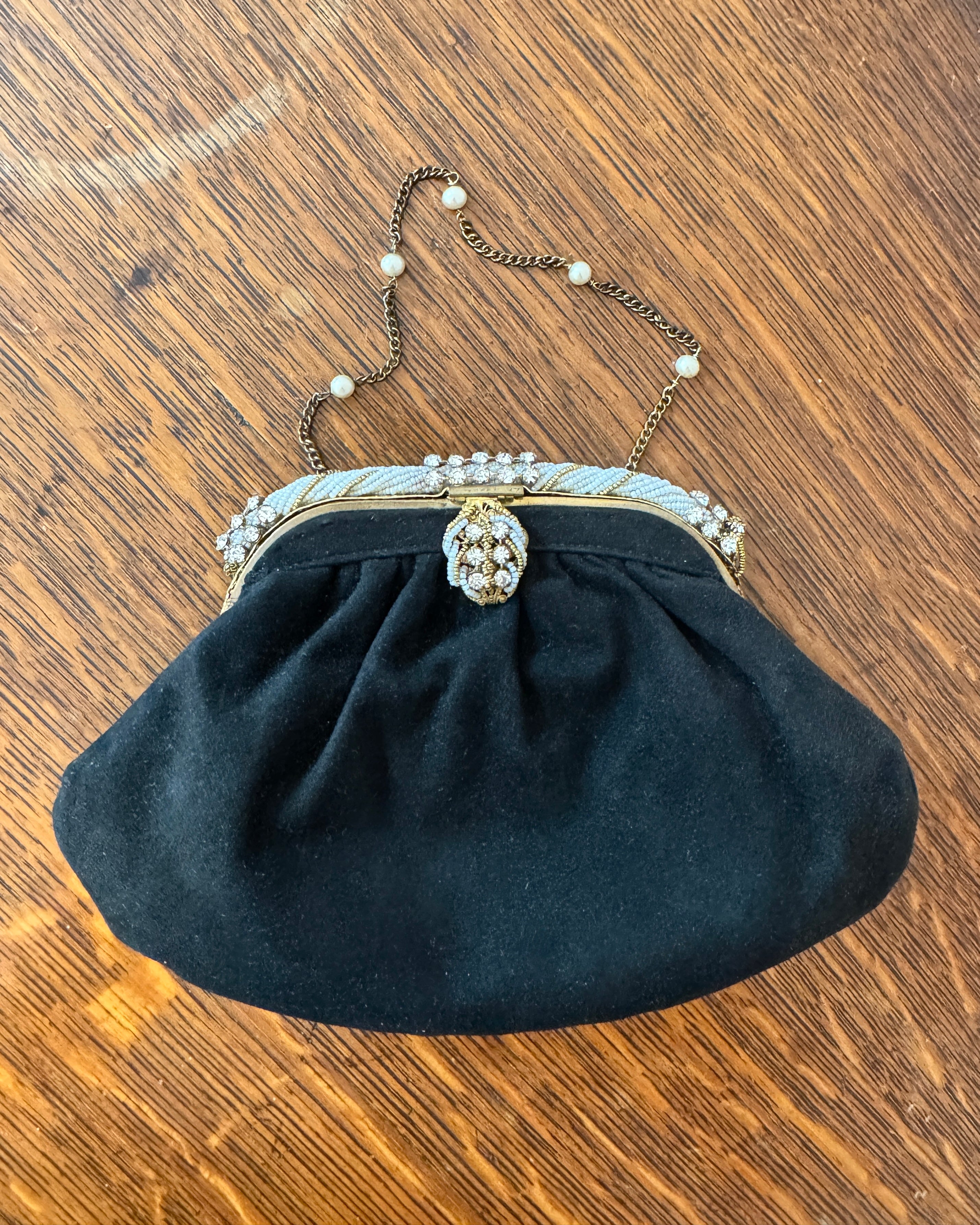 Antique Vintage 1930s French Black Suede with Seed Pearl Beads and Rhinestones Evening Pouch Purse Wristlet Bag with Chain and Pearl Strap