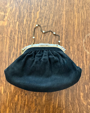 Antique Vintage 1930s French Black Suede with Seed Pearl Beads and Rhinestones Evening Pouch Purse Wristlet Bag with Chain and Pearl Strap
