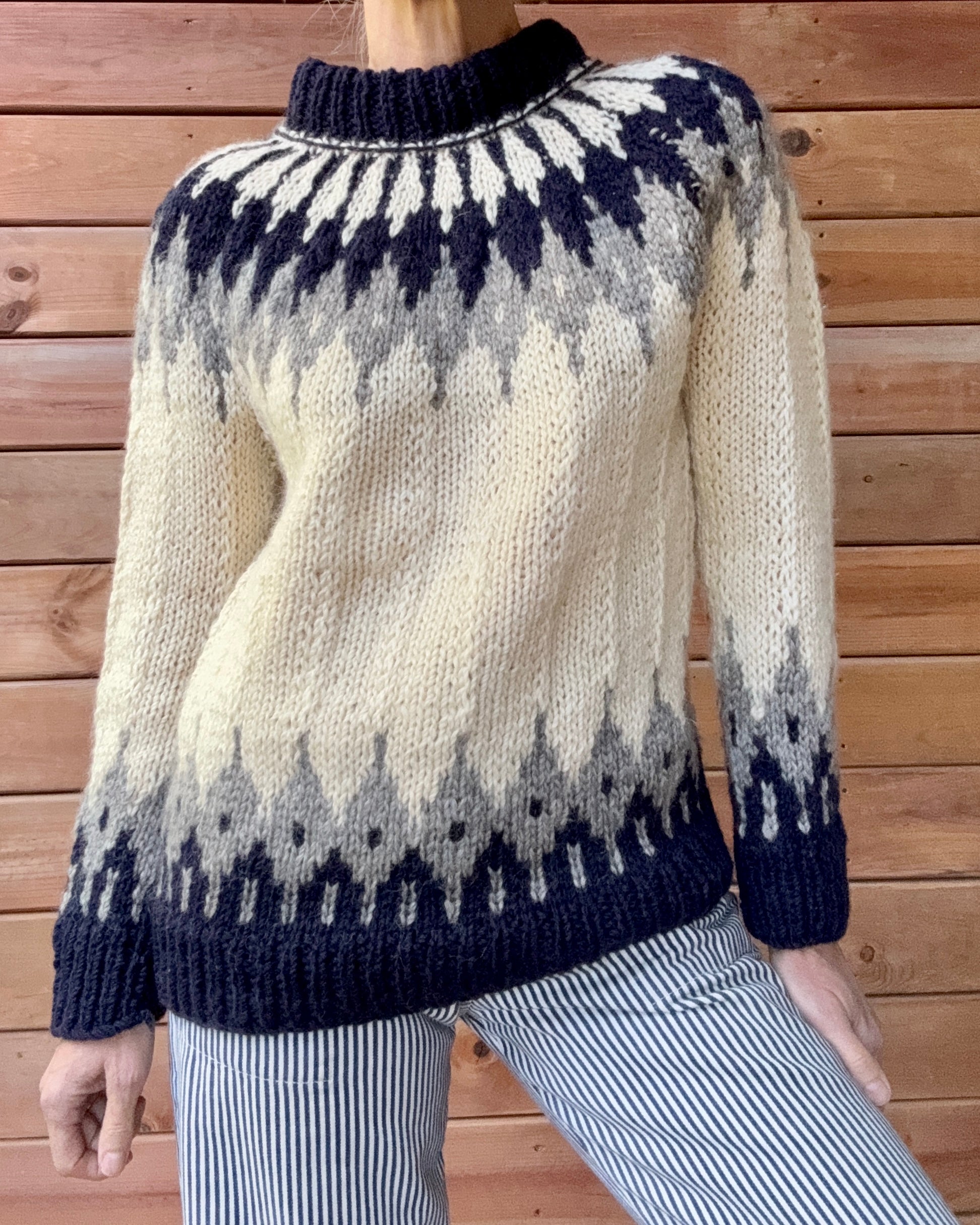 Vintage Icelandic Fair Isle Handknit Cream Navy and Gray Wool Knit Sweater