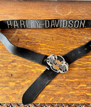 Vintage HARLEY DAVIDSON 1989 Sishiyou and Harmony designs Pewter and Enamel Eagle Crest Buckle with Black Studded Biker Belt