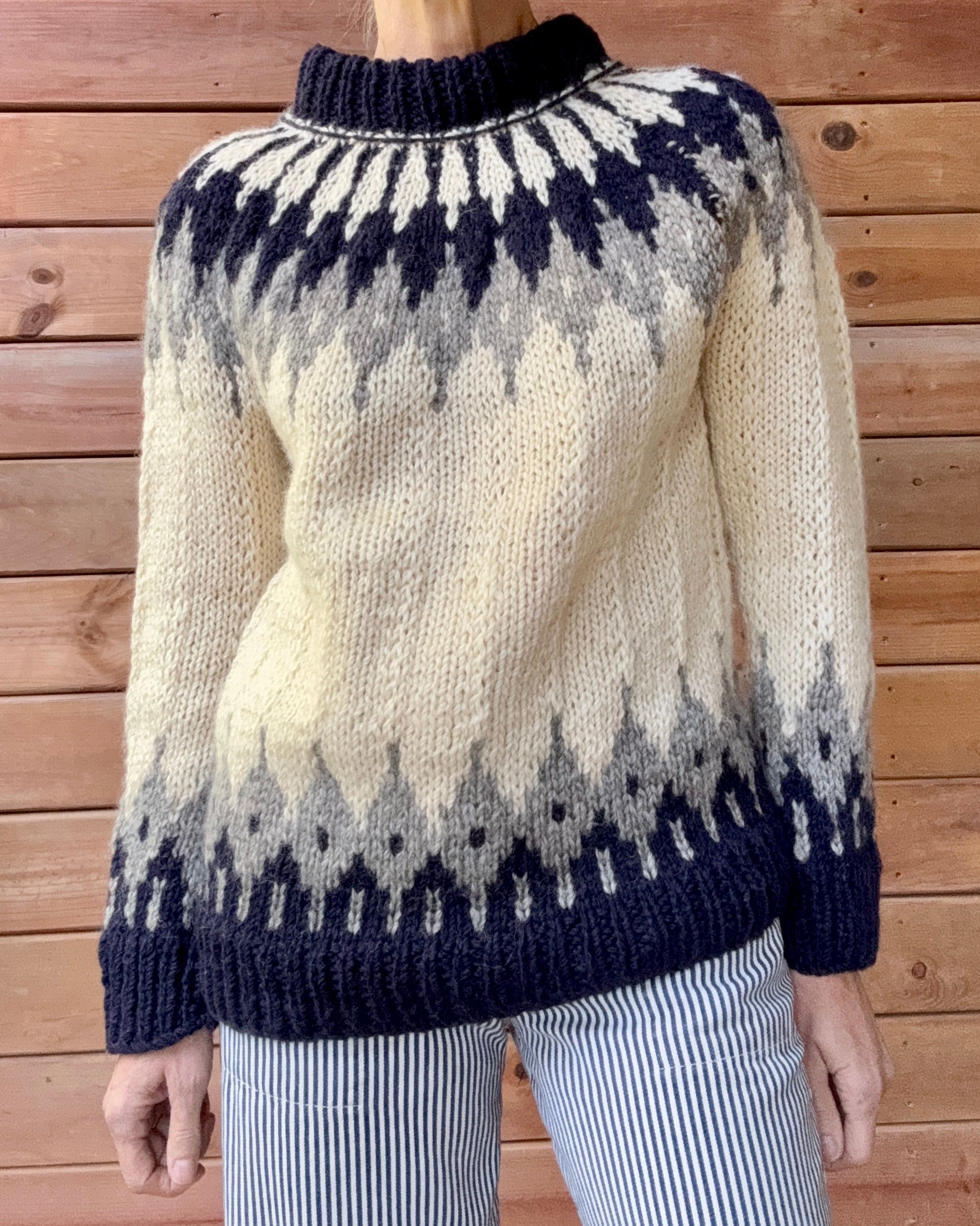 Vintage Icelandic Fair Isle Handknit Cream Navy and Gray Wool Knit Sweater