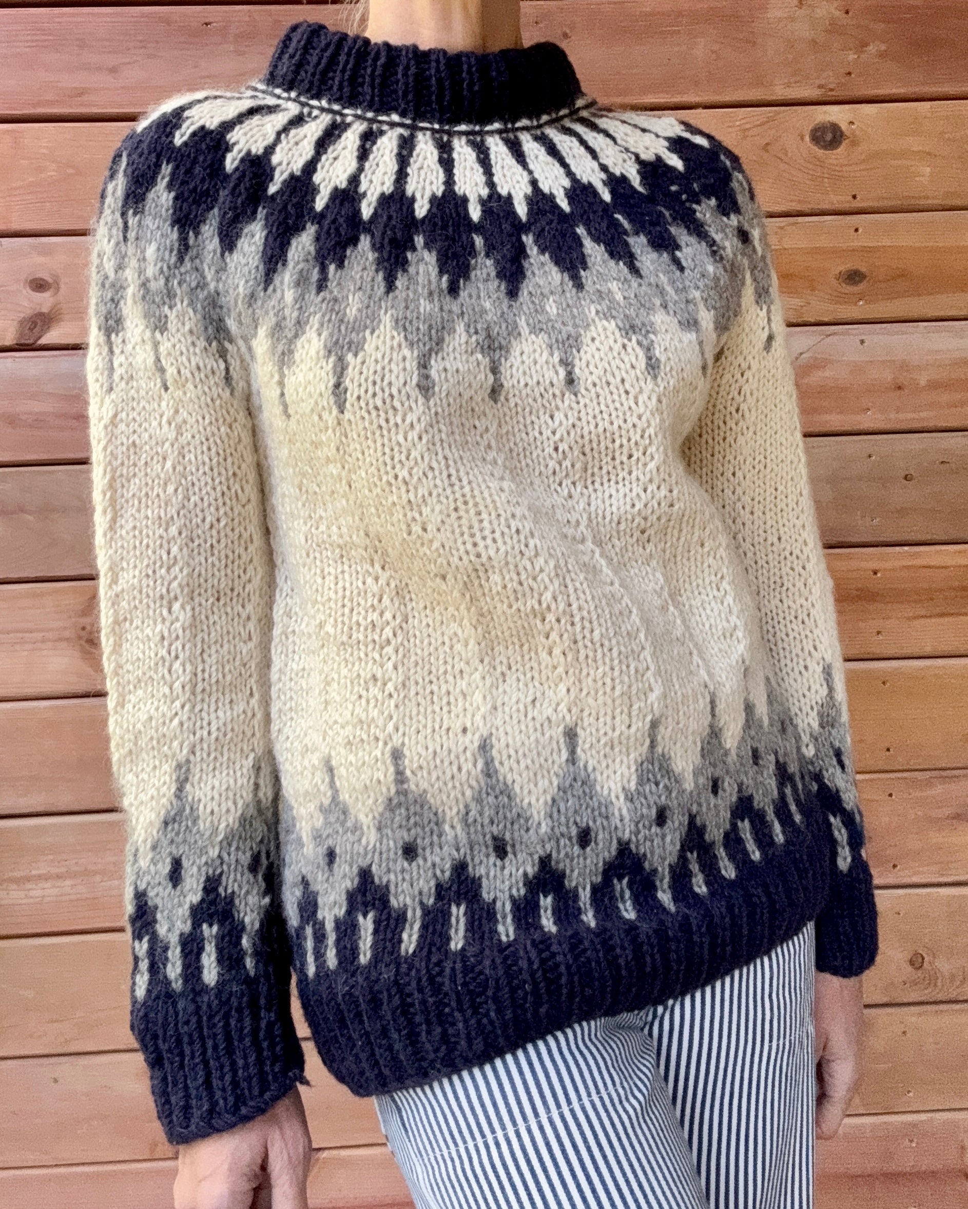 Vintage Icelandic Fair Isle Handknit Cream Navy and Gray Wool Knit Sweater