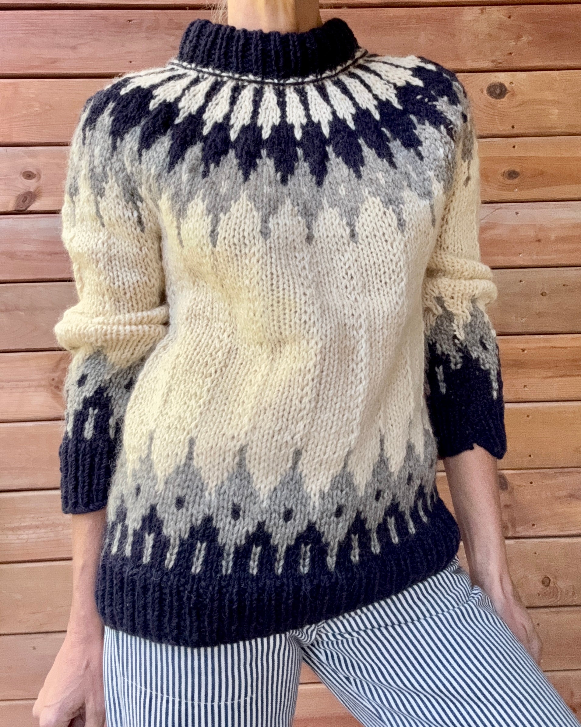 Vintage Icelandic Fair Isle Handknit Cream Navy and Gray Wool Knit Sweater