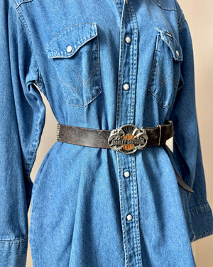 Vintage HARLEY DAVIDSON 1989 Sishiyou and Harmony designs Pewter and Enamel Eagle Crest Buckle with Black Studded Biker Belt