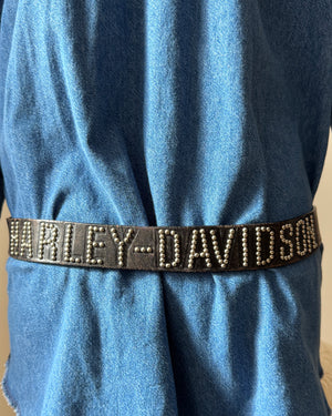 Vintage HARLEY DAVIDSON 1989 Sishiyou and Harmony designs Pewter and Enamel Eagle Crest Buckle with Black Studded Biker Belt