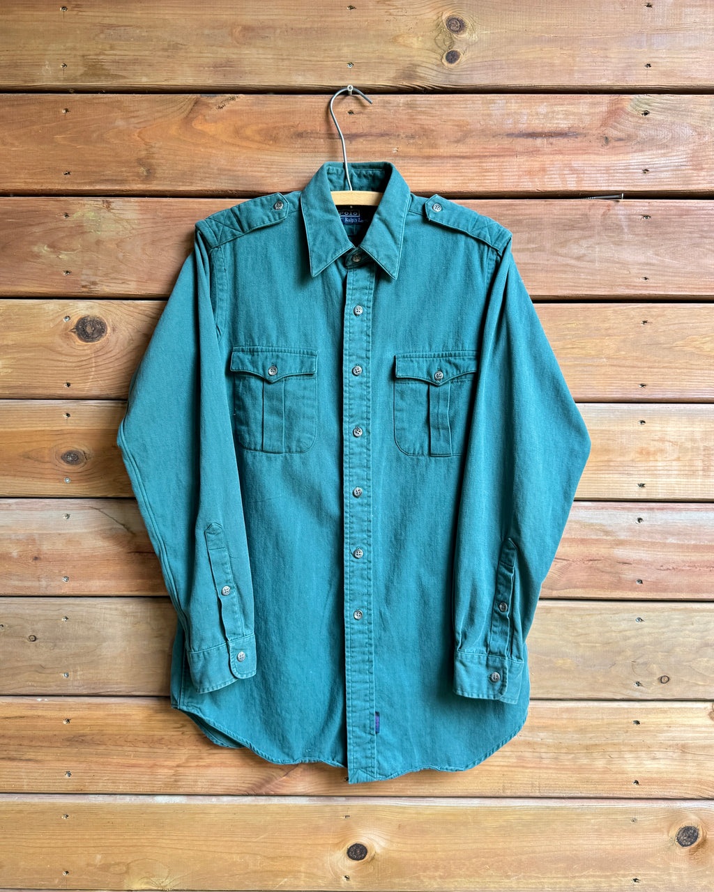 Vintage 1990s Polo Ralph Lauren Green Button Down Flannel Shirt with Chest Pockets  and Shoulder Tabs size M
