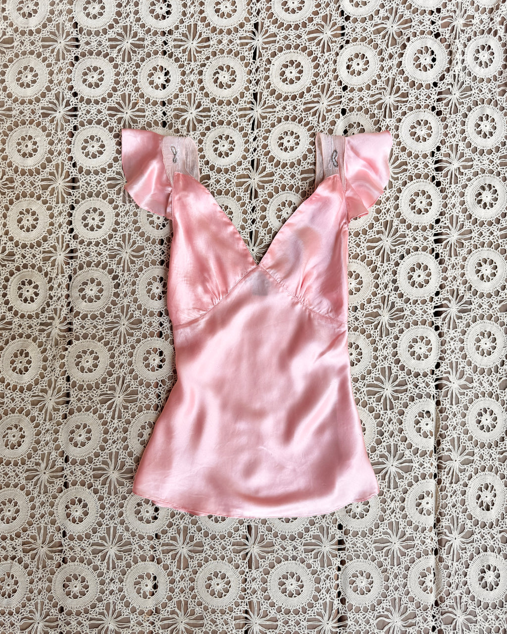 Vintage 1990s Dollhouse Pink Charmeuse Silk Satin Butterfly Ruffle Sleeve and Beaded Detail Blouse Top with Bias Cut