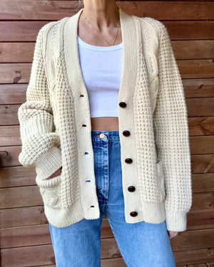 Vintage 1970s Handloomed CORNEL Aran Cream Fisherman Basket and Cable Cardigan Sweater M L Made in Ireland