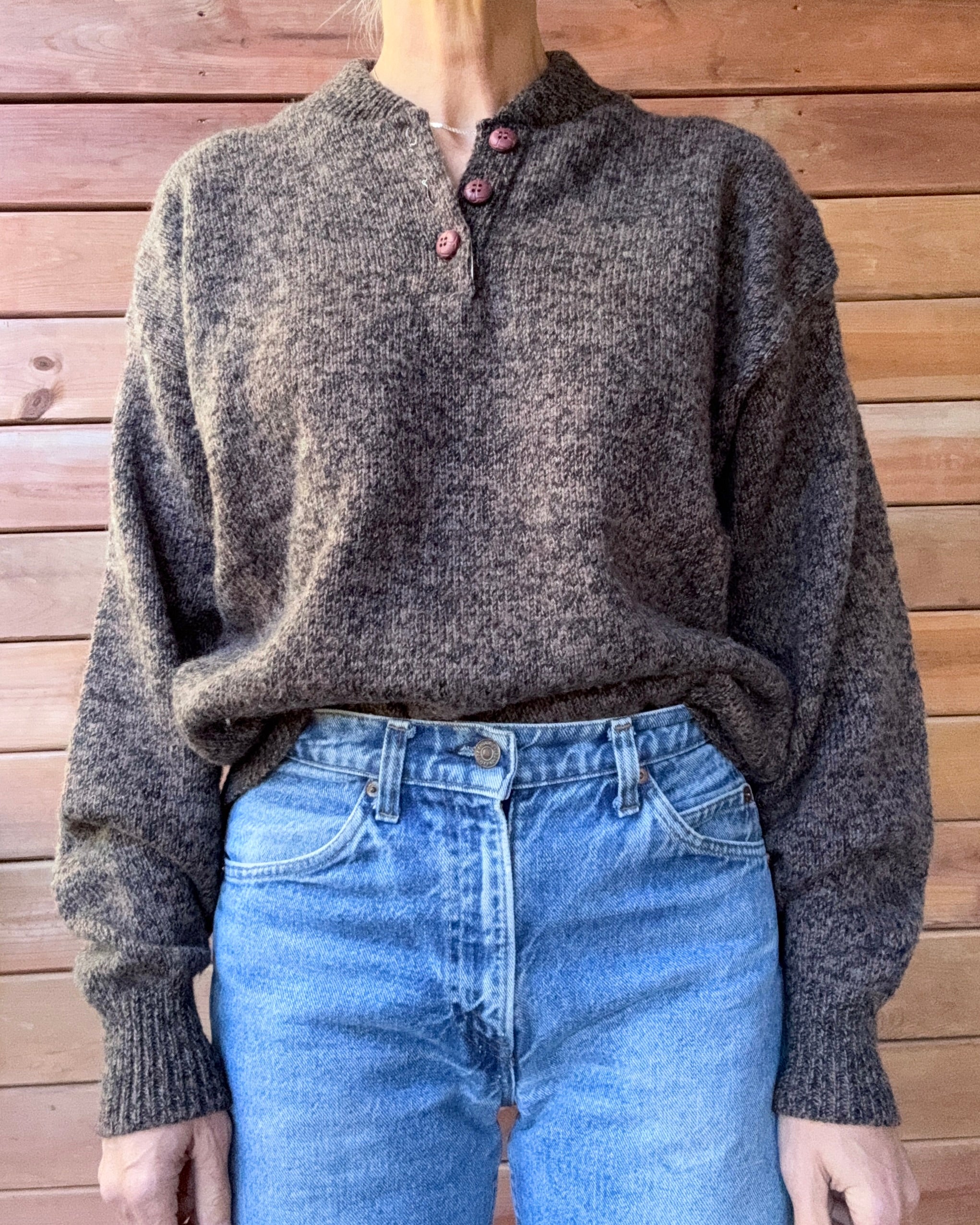 Vintage OshKosh B'Gosh Rag Wool Heathered Brown Henley Neck Sweater Made in USA