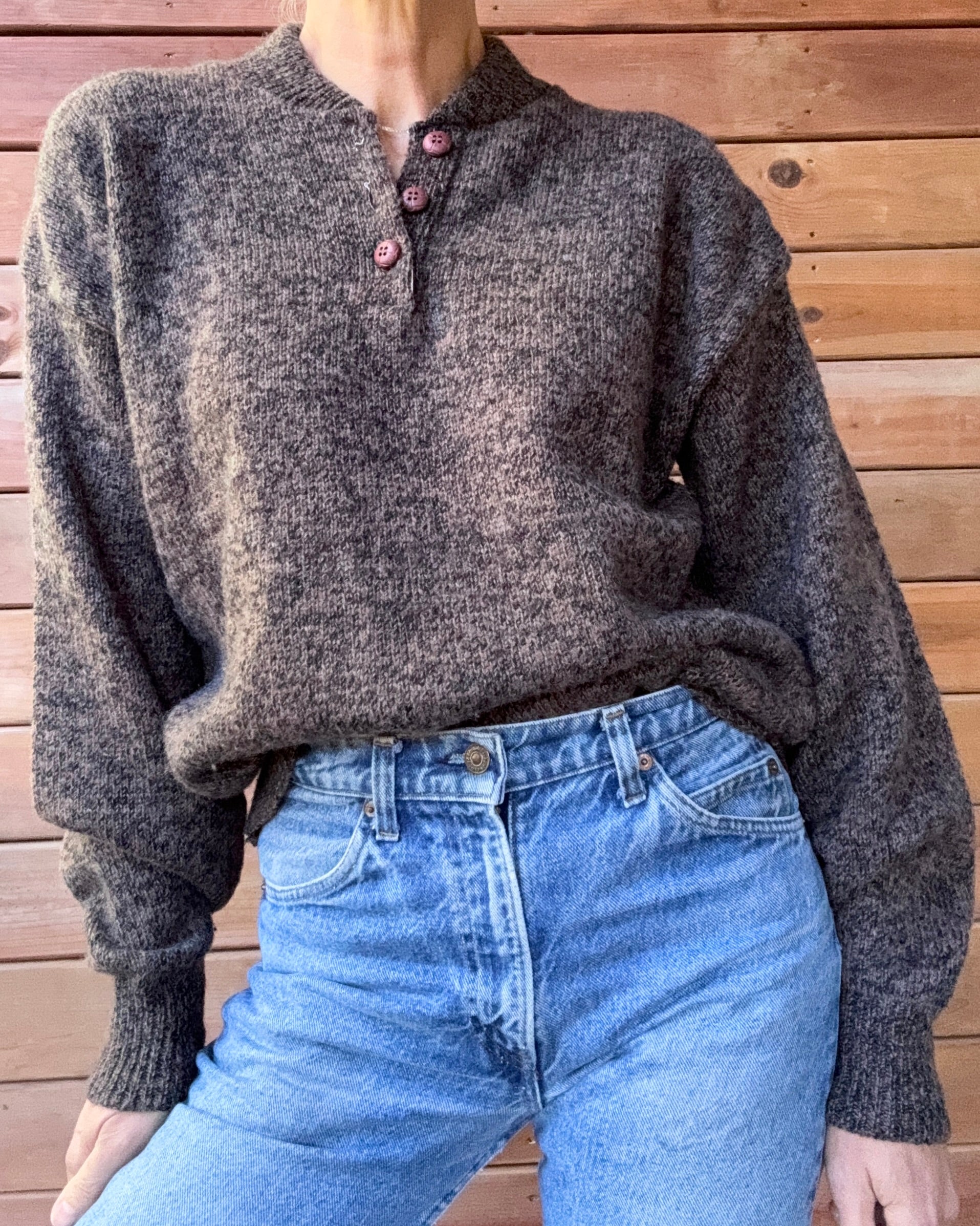 Vintage OshKosh B'Gosh Rag Wool Heathered Brown Henley Neck Sweater Made in USA