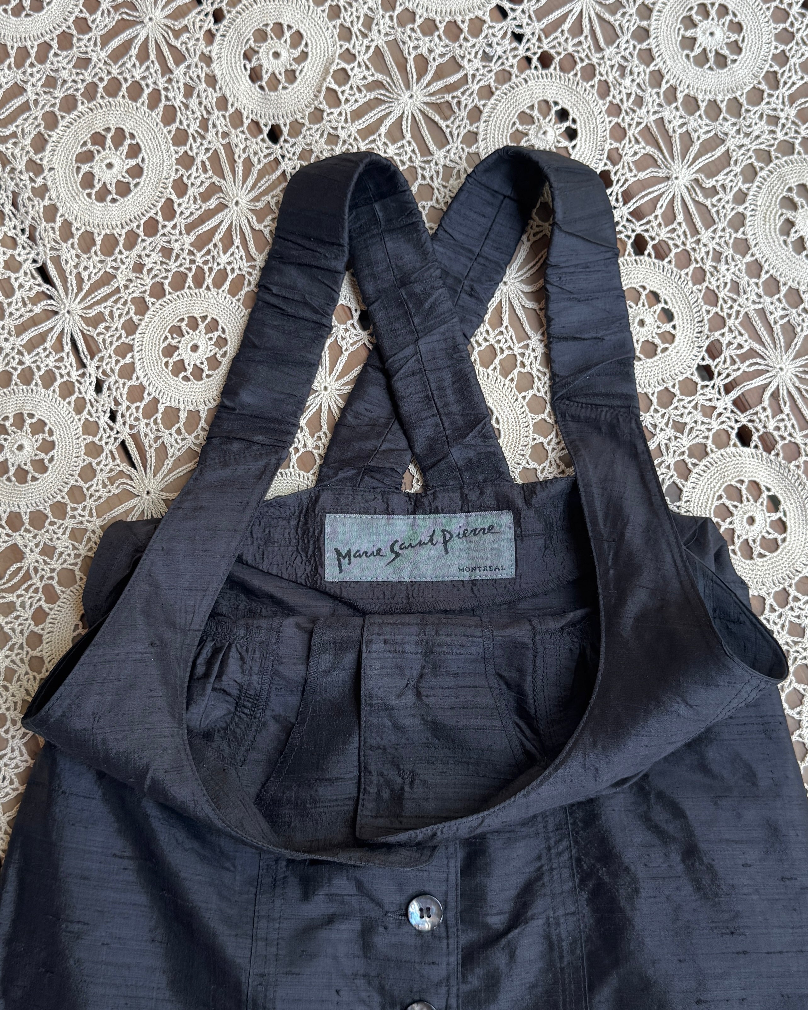 Vintage 1980s 1990s Marie Saint Pierre Black Silk Romper Jumpsuit Shorts Overalls Playsuit XS 2