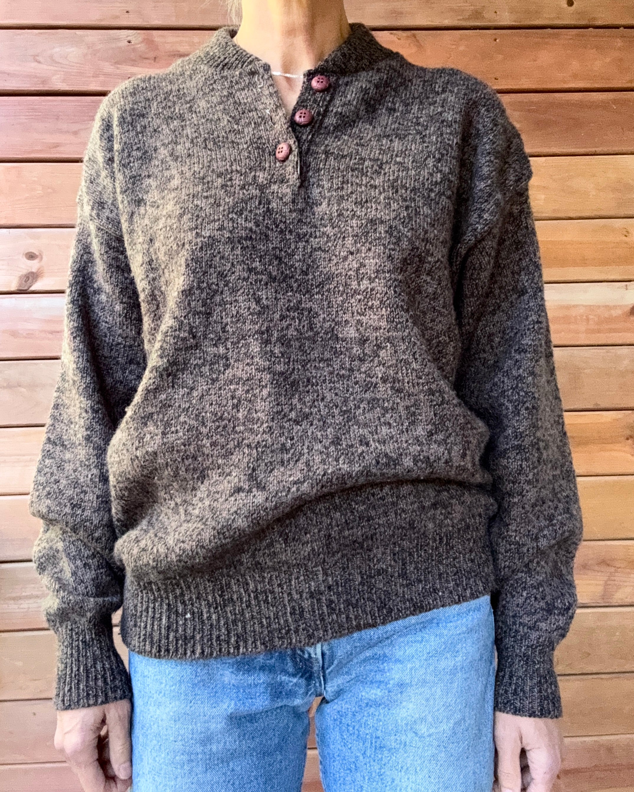 Vintage OshKosh B'Gosh Rag Wool Heathered Brown Henley Neck Sweater Made in USA