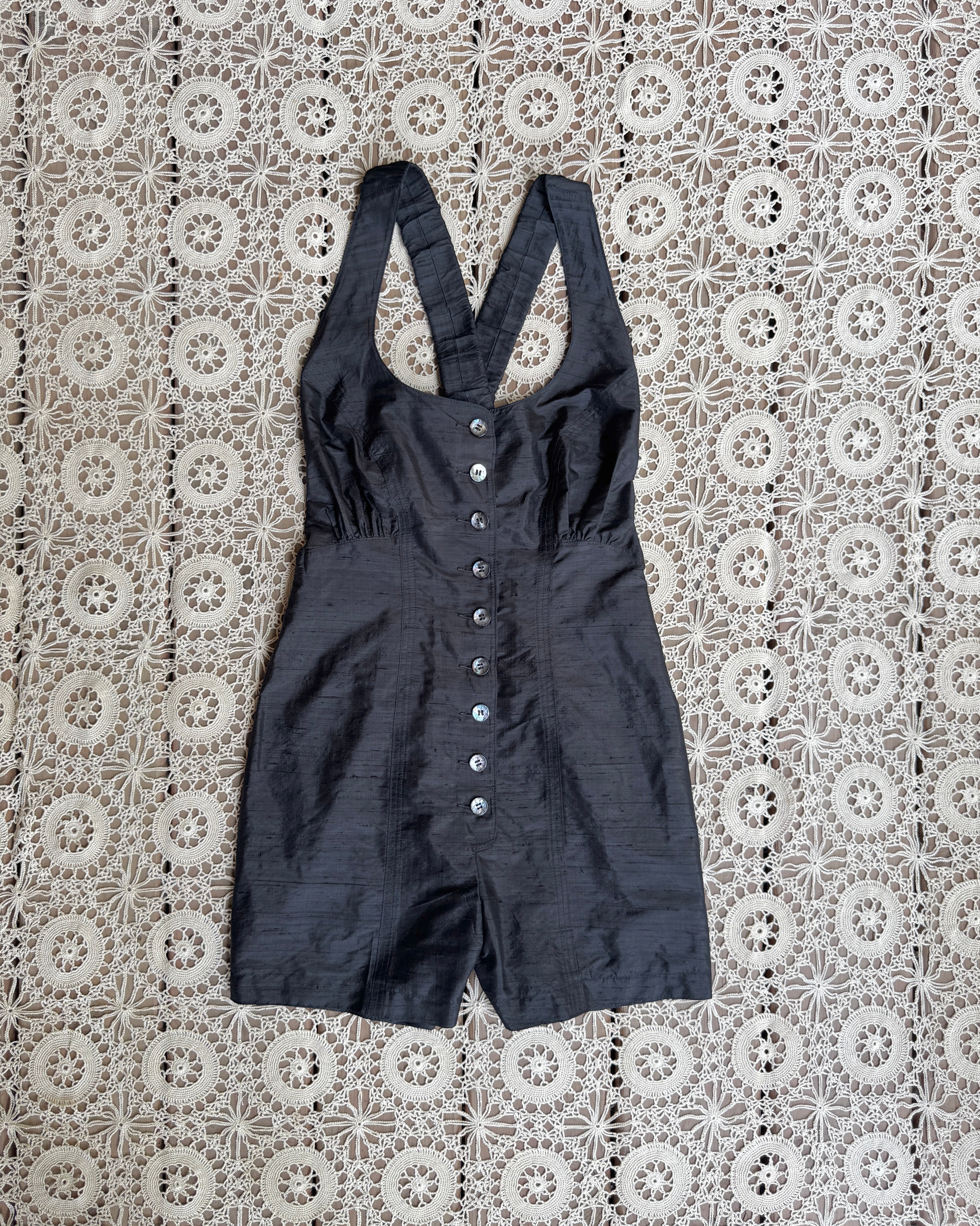 Vintage 1980s 1990s Marie Saint Pierre Black Silk Romper Jumpsuit Shorts Overalls Playsuit XS 2