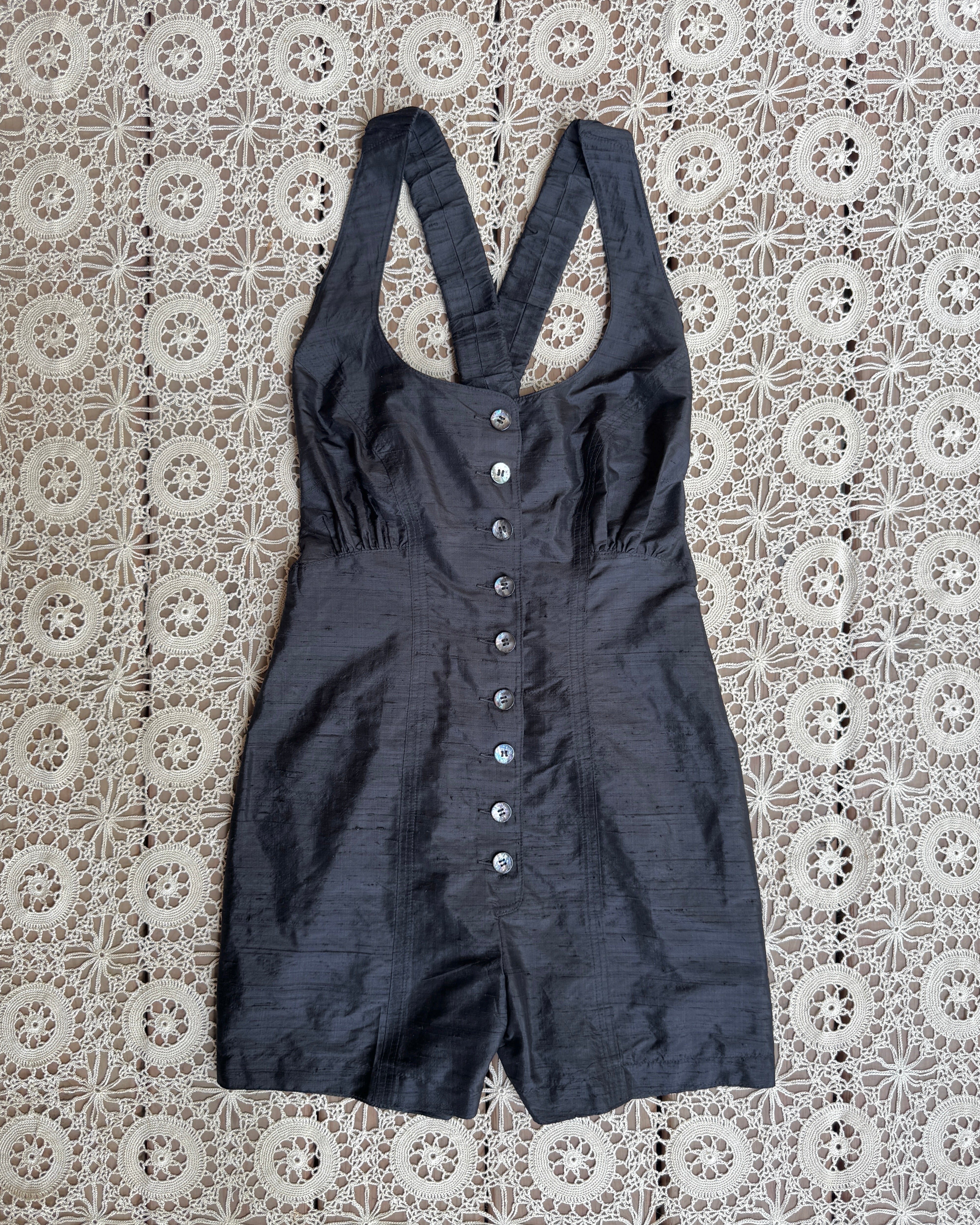 Vintage 1980s 1990s Marie Saint Pierre Black Silk Romper Jumpsuit Shorts Overalls Playsuit XS 2