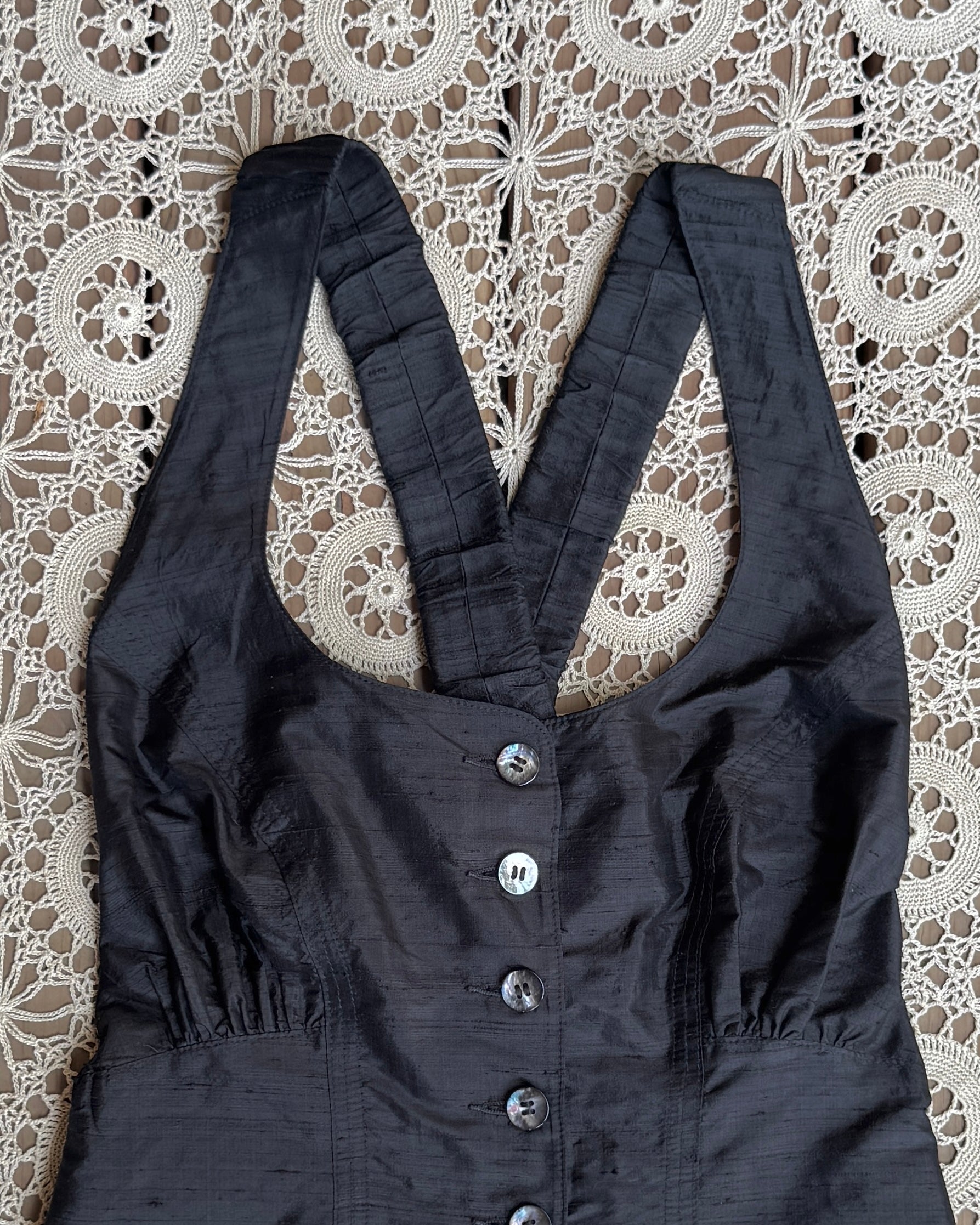 Vintage 1980s 1990s Marie Saint Pierre Black Silk Romper Jumpsuit Shorts Overalls Playsuit XS 2