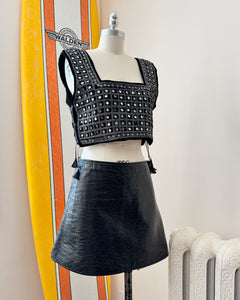 2000s Courrèges Black Crinkled Vinyl Mod French 1960s Inspired Miniskirt with Detachable Side Zippers Size 40 6