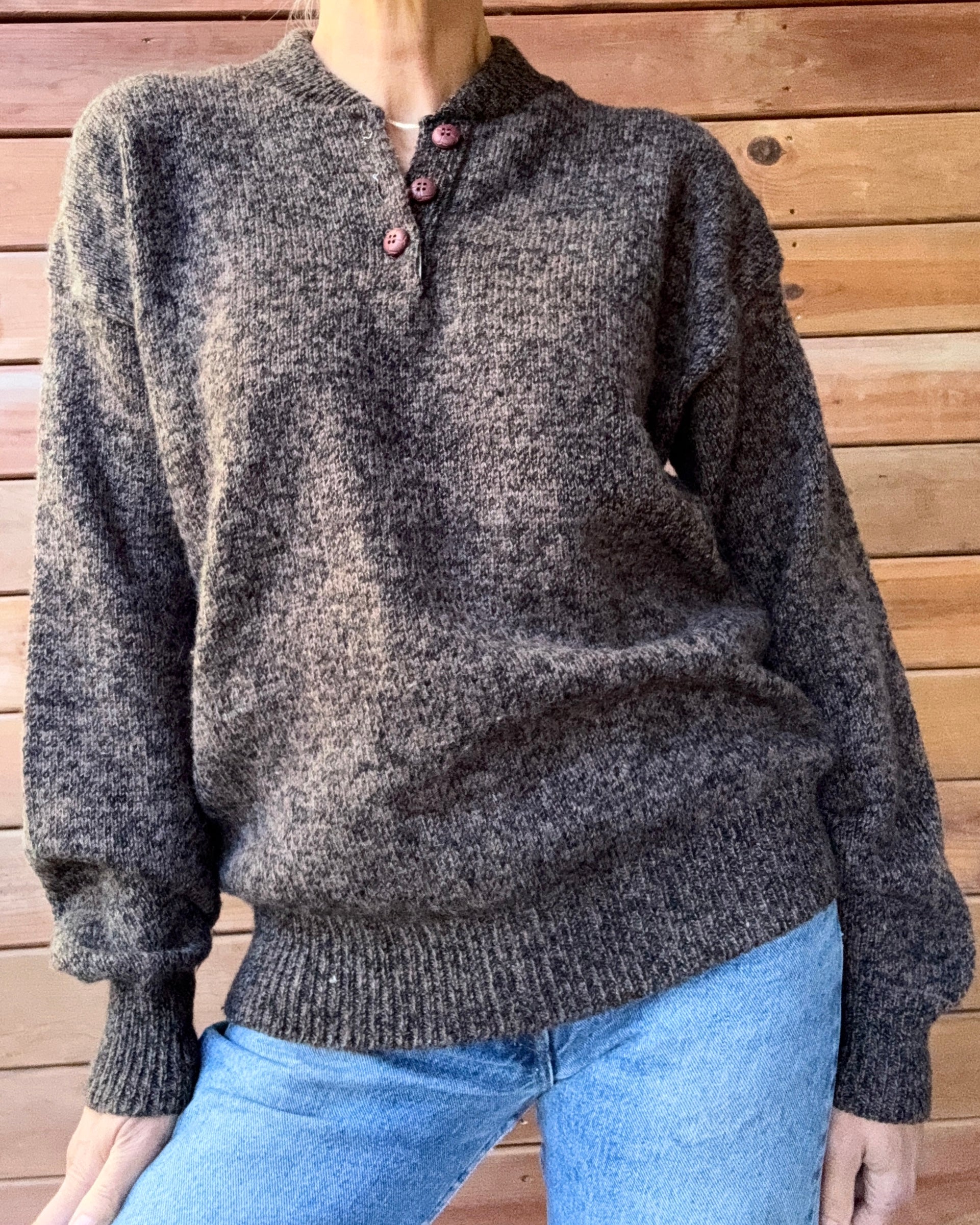 Vintage OshKosh B'Gosh Rag Wool Heathered Brown Henley Neck Sweater Made in USA