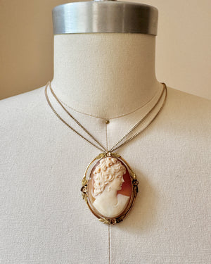 Antique 1890-1900 Victorian Shell Hand Carved Cameo in Floral Gold fill and 12K plated Brooch and  Pendant for a Necklace Oval Large Size