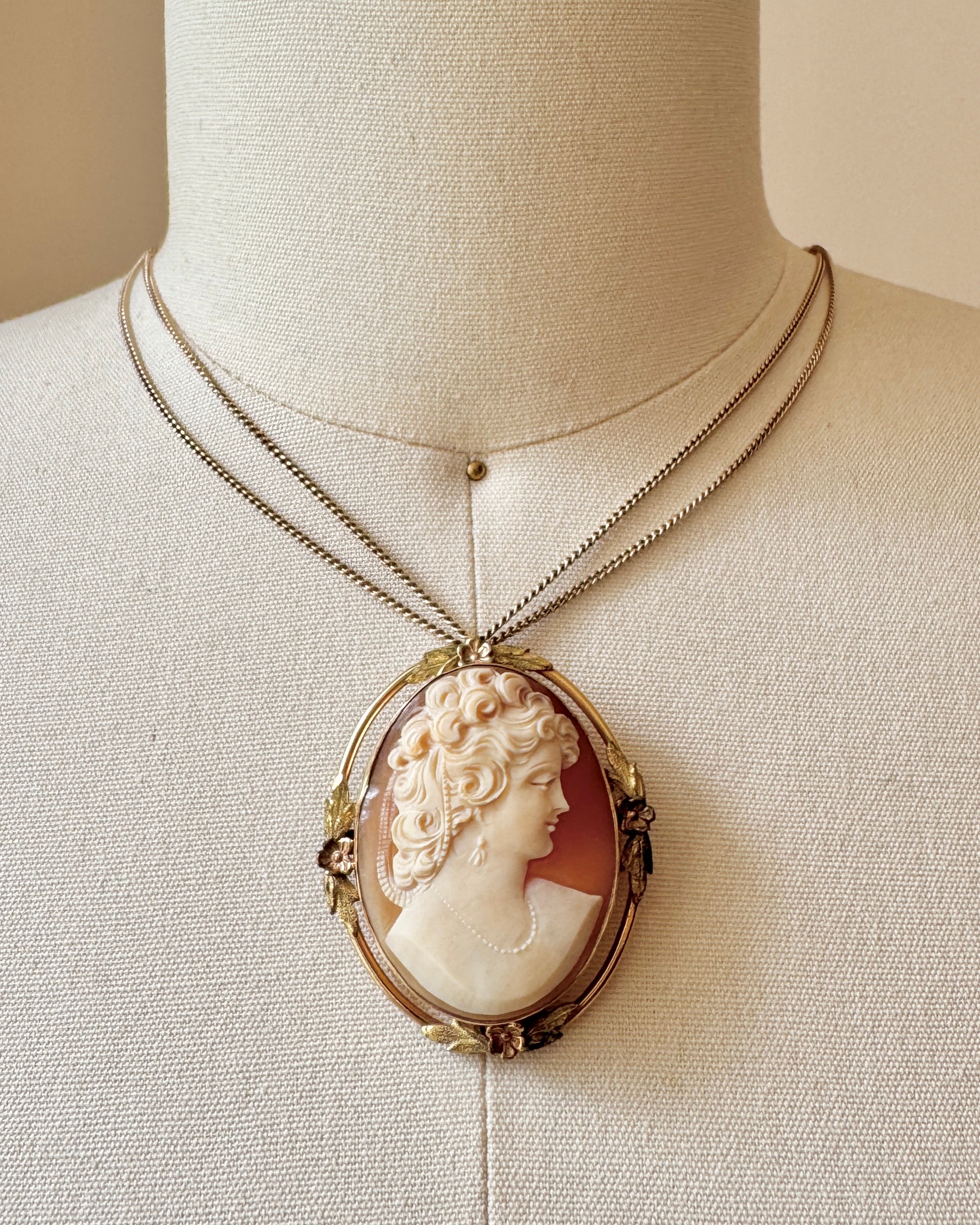 Antique 1890-1900 Victorian Shell Hand Carved Cameo in Floral Gold fill and 12K plated Brooch and  Pendant for a Necklace Oval Large Size