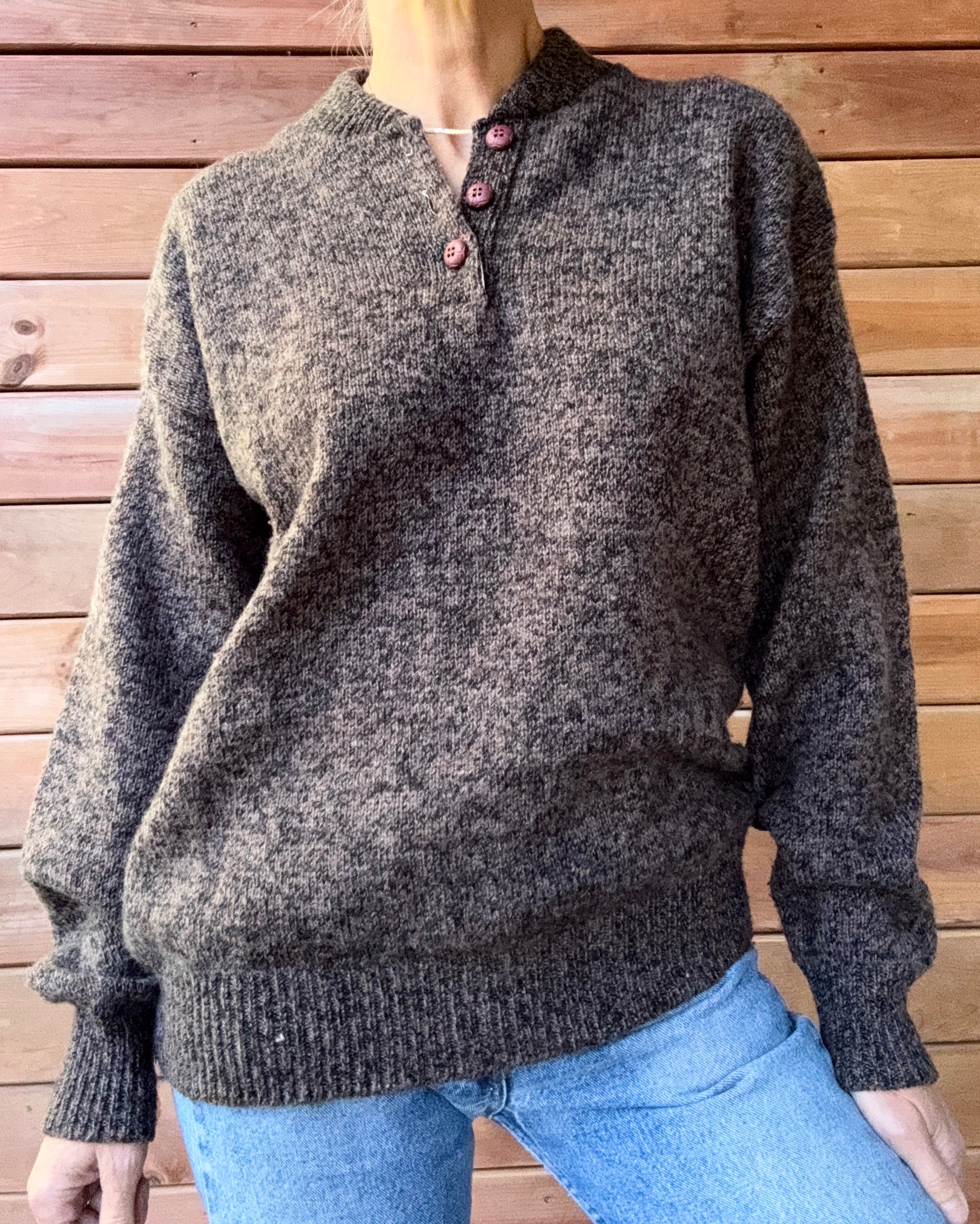 Vintage OshKosh B'Gosh Rag Wool Heathered Brown Henley Neck Sweater Made in USA