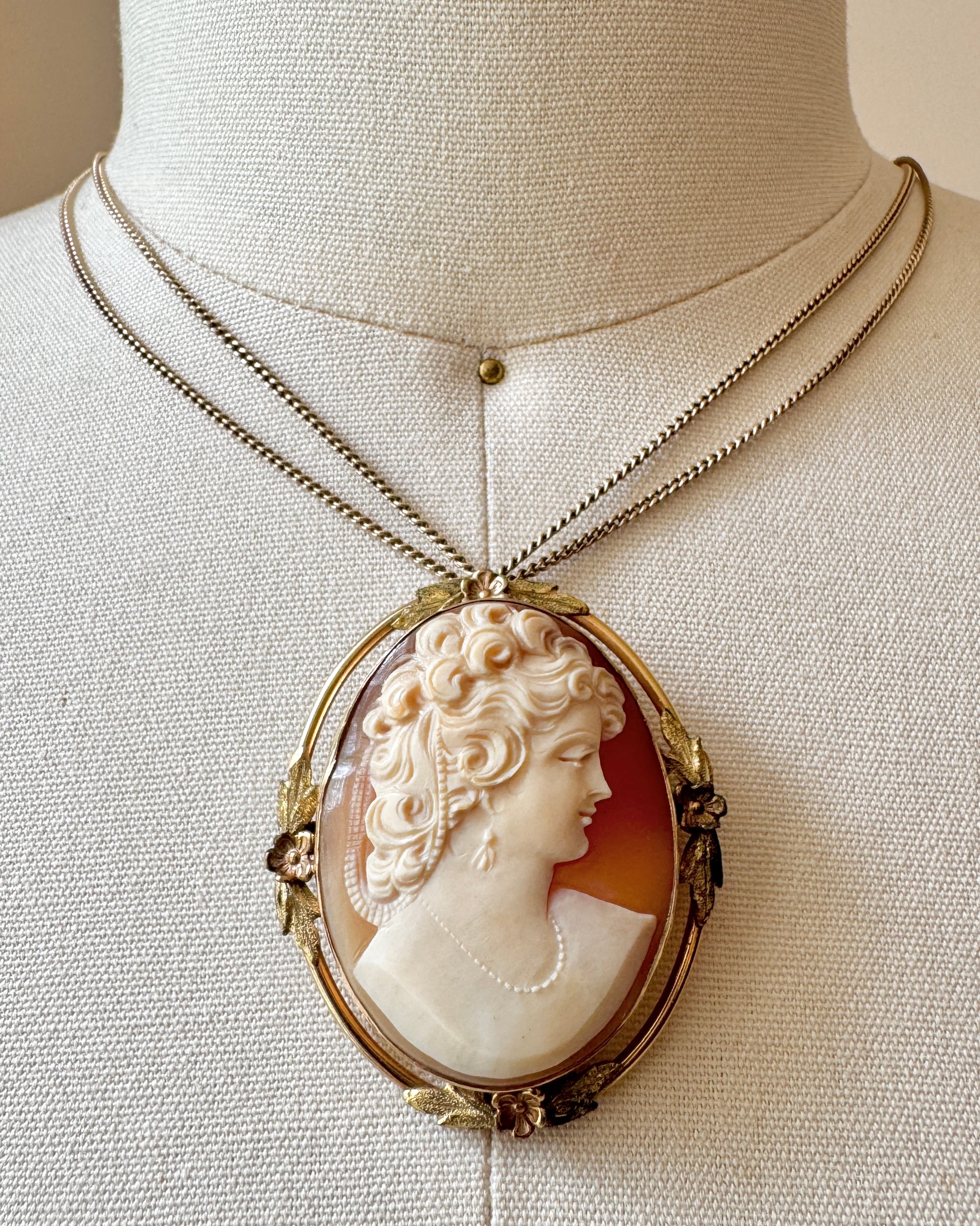 Antique 1890-1900 Victorian Shell Hand Carved Cameo in Floral Gold fill and 12K plated Brooch and  Pendant for a Necklace Oval Large Size