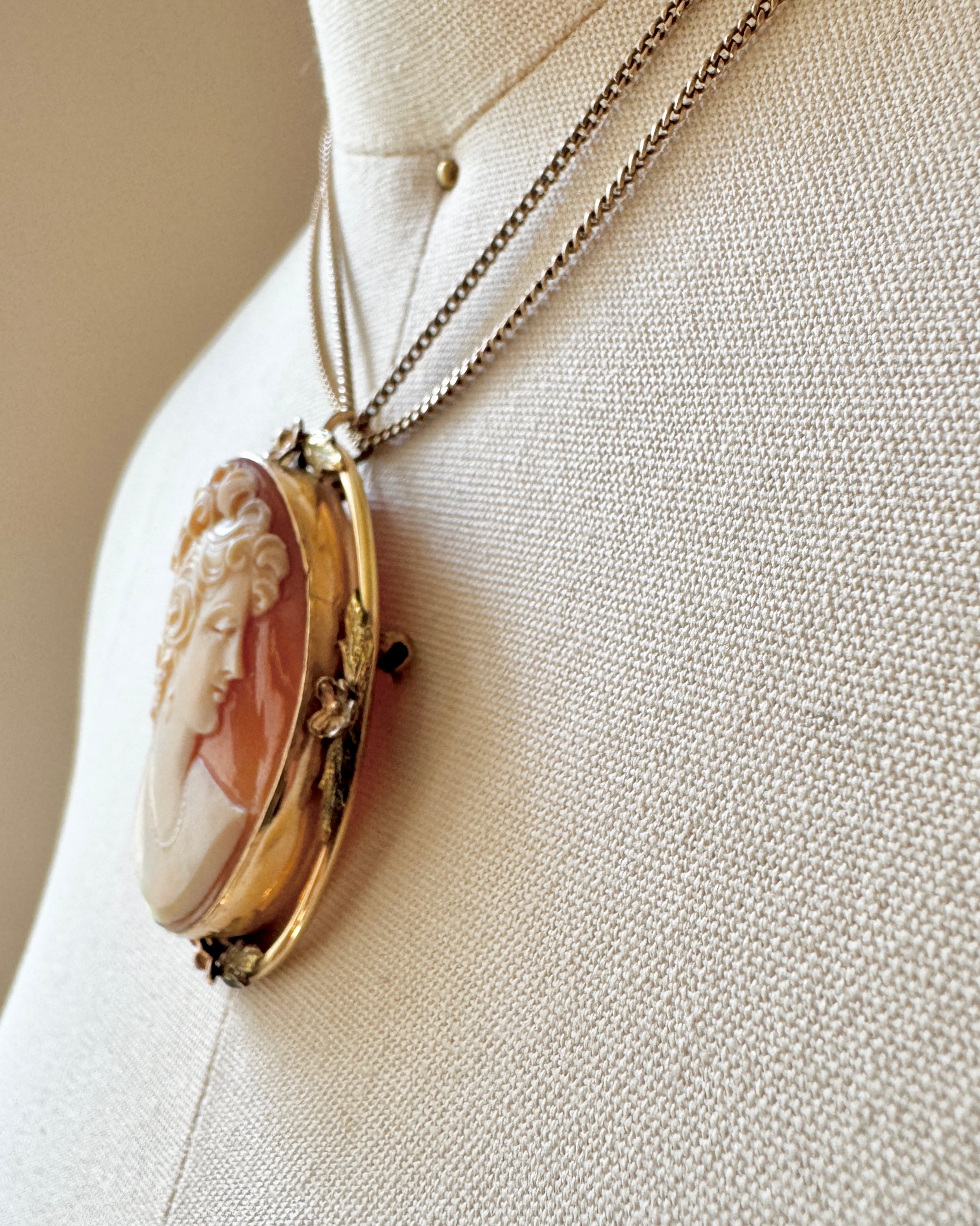Antique 1890-1900 Victorian Shell Hand Carved Cameo in Floral Gold fill and 12K plated Brooch and  Pendant for a Necklace Oval Large Size