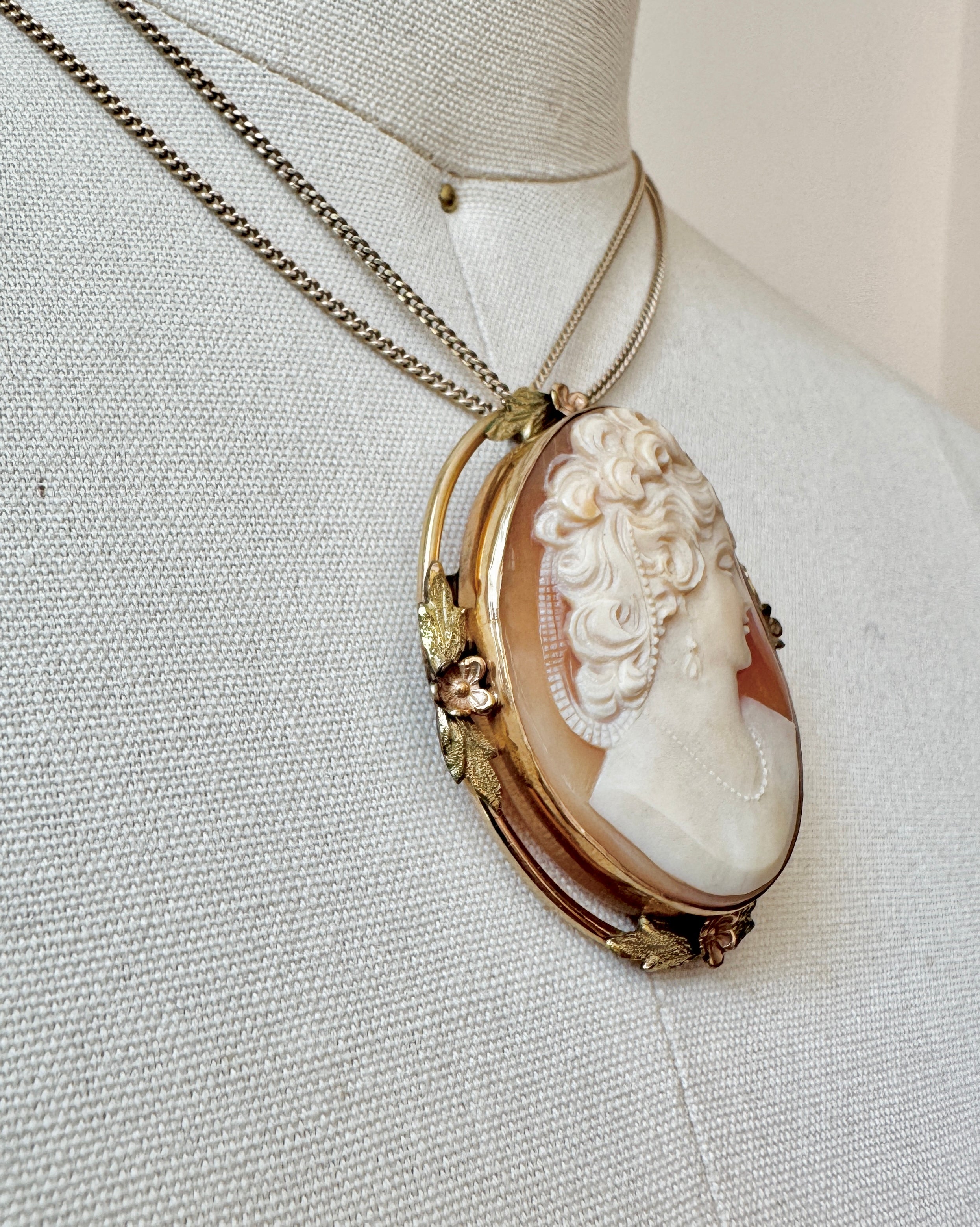 Antique 1890-1900 Victorian Shell Hand Carved Cameo in Floral Gold fill and 12K plated Brooch and  Pendant for a Necklace Oval Large Size