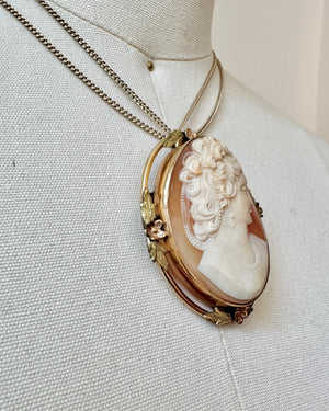 Antique 1890-1900 Victorian Shell Hand Carved Cameo in Floral Gold fill and 12K plated Brooch and  Pendant for a Necklace Oval Large Size