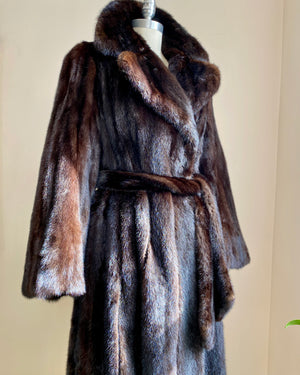Vintage 1970s SAMUEL GROSSMAN Dark Brown Mink Panelled Fur Coat / with Belt / Notch Lapel Collar /  Bell Sleeves size S 4