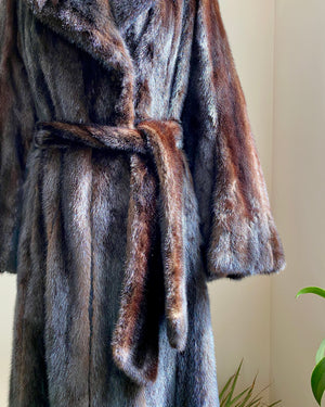 Vintage 1970s SAMUEL GROSSMAN Dark Brown Mink Panelled Fur Coat / with Belt / Notch Lapel Collar /  Bell Sleeves size S 4