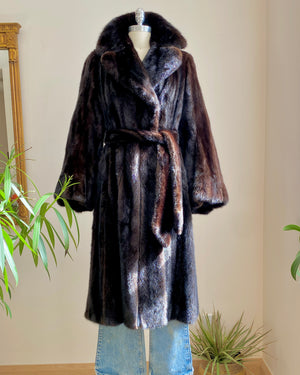 Vintage 1970s SAMUEL GROSSMAN Dark Brown Mink Panelled Fur Coat / with Belt / Notch Lapel Collar /  Bell Sleeves size S 4
