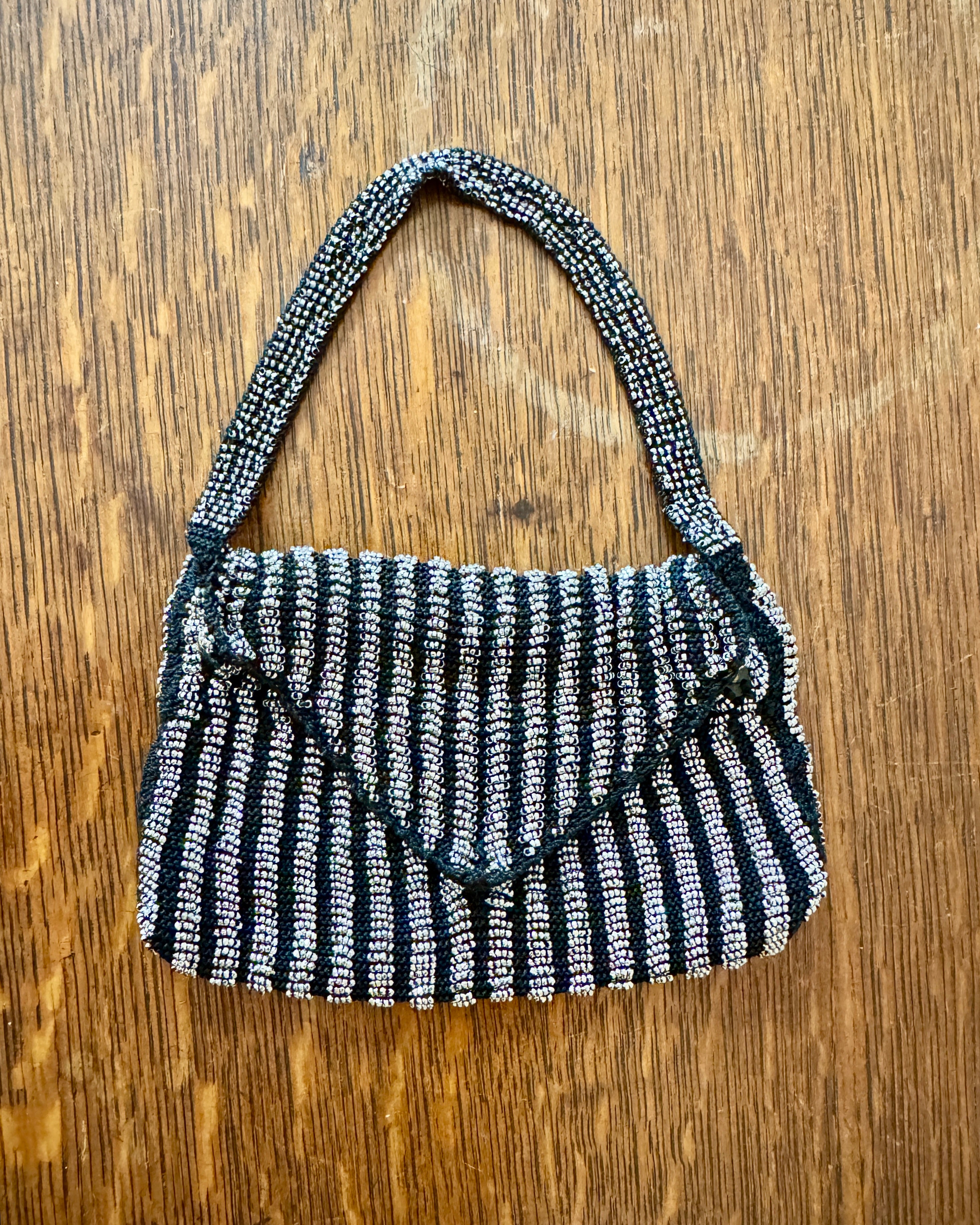 Antique Victorian Mid to Late 1800s Small Black Crochet Wristlet Purse Bag with Stripe Design in Steel Cut Beads