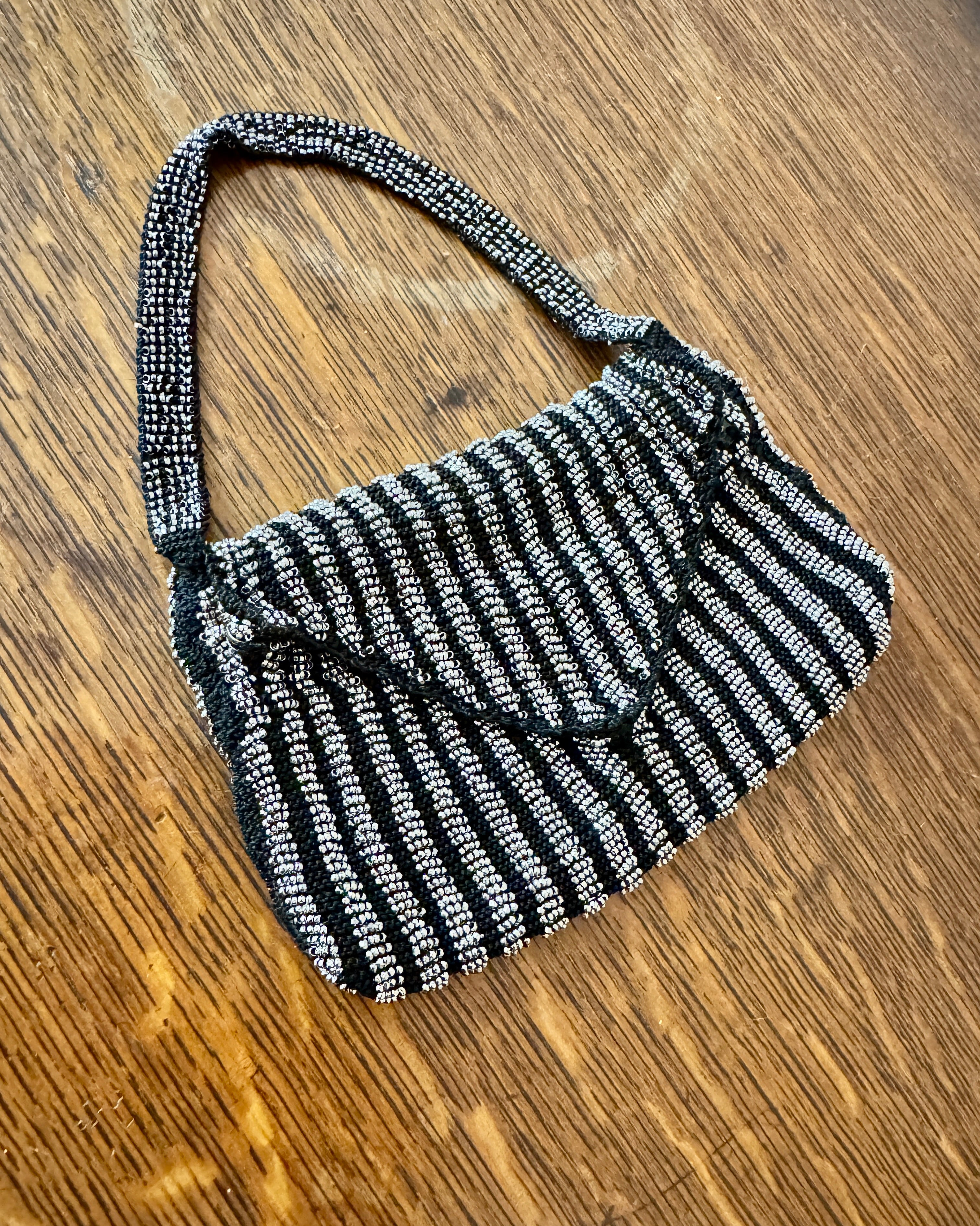 Antique Victorian Mid to Late 1800s Small Black Crochet Wristlet Purse Bag with Stripe Design in Steel Cut Beads