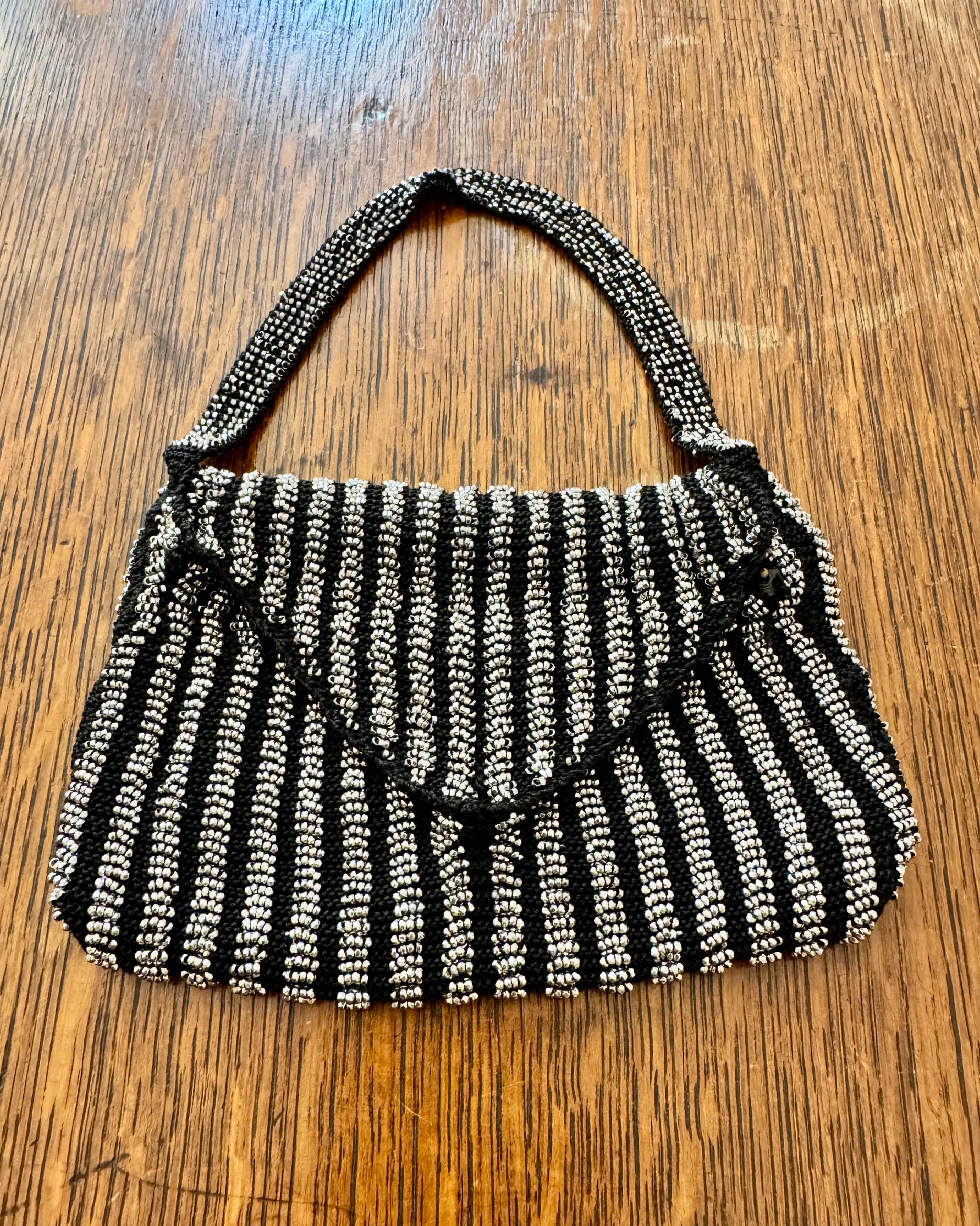 Antique Victorian Mid to Late 1800s Small Black Crochet Wristlet Purse Bag with Stripe Design in Steel Cut Beads