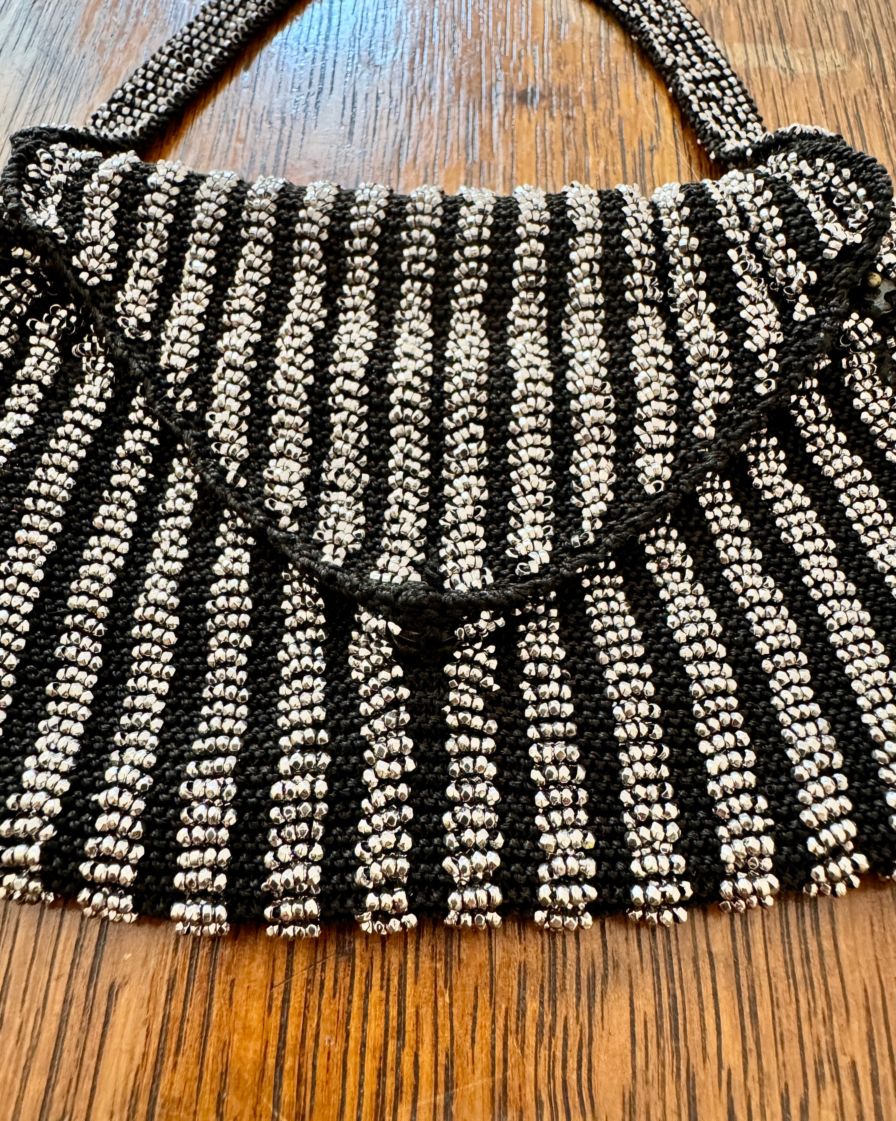 Antique Victorian Mid to Late 1800s Small Black Crochet Wristlet Purse Bag with Stripe Design in Steel Cut Beads