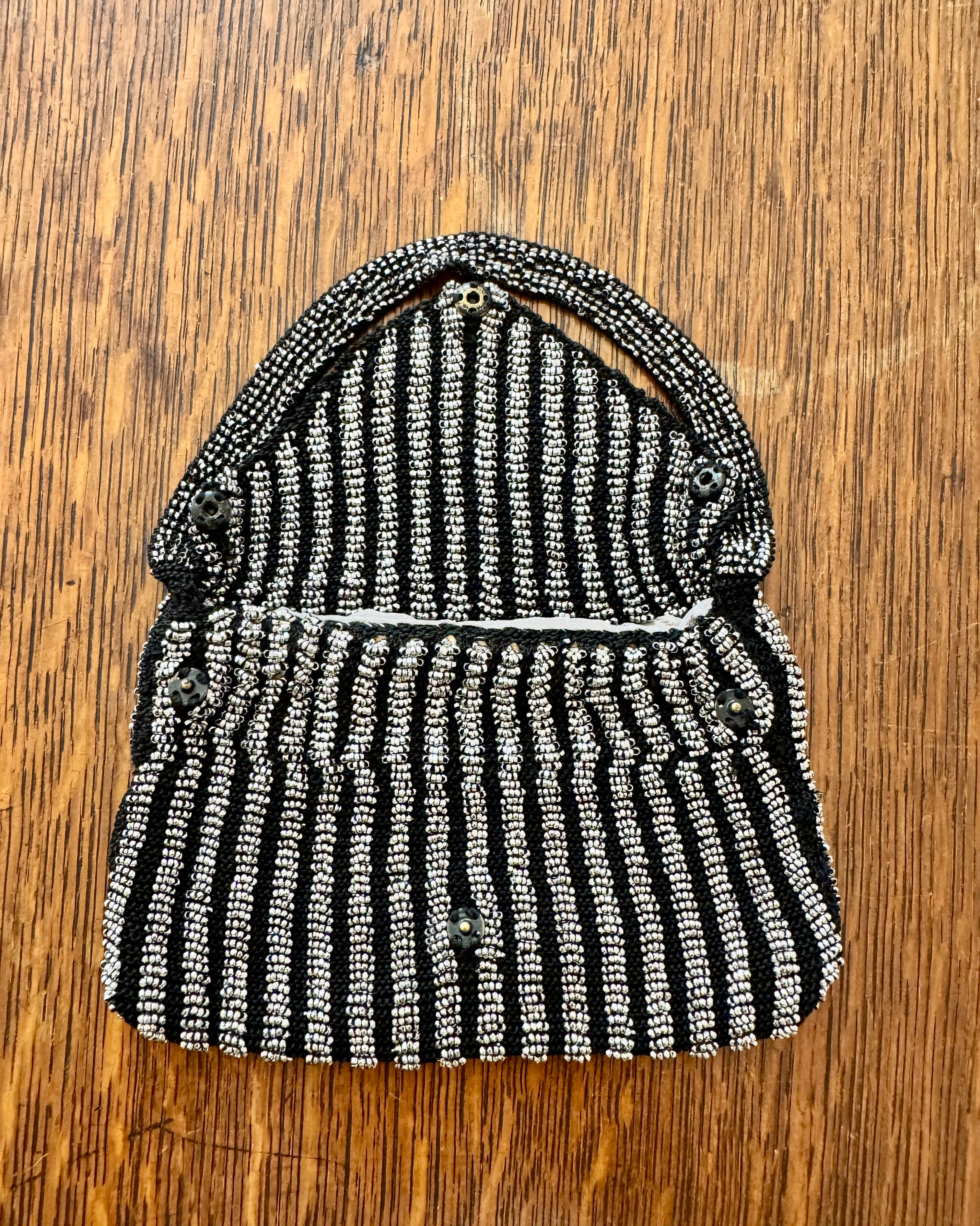 Antique Victorian Mid to Late 1800s Small Black Crochet Wristlet Purse Bag with Stripe Design in Steel Cut Beads