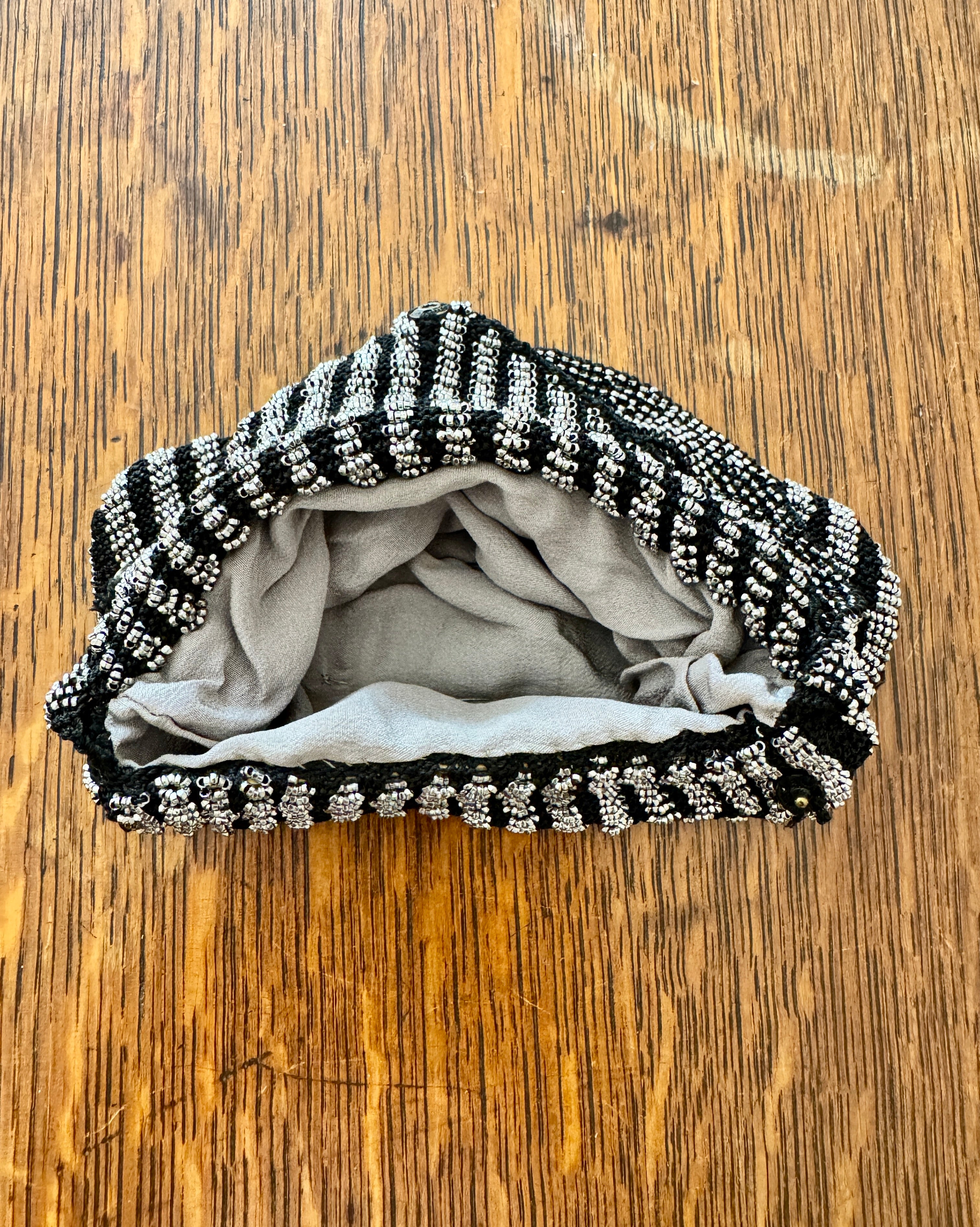 Antique Victorian Mid to Late 1800s Small Black Crochet Wristlet Purse Bag with Stripe Design in Steel Cut Beads