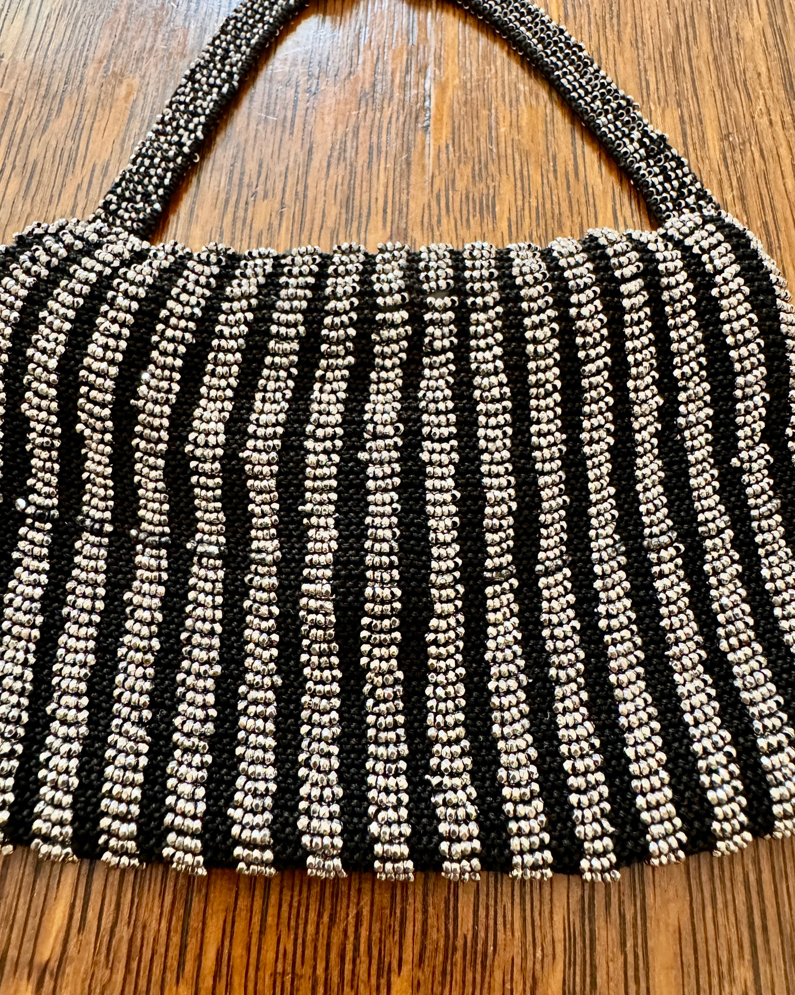 Antique Victorian Mid to Late 1800s Small Black Crochet Wristlet Purse Bag with Stripe Design in Steel Cut Beads