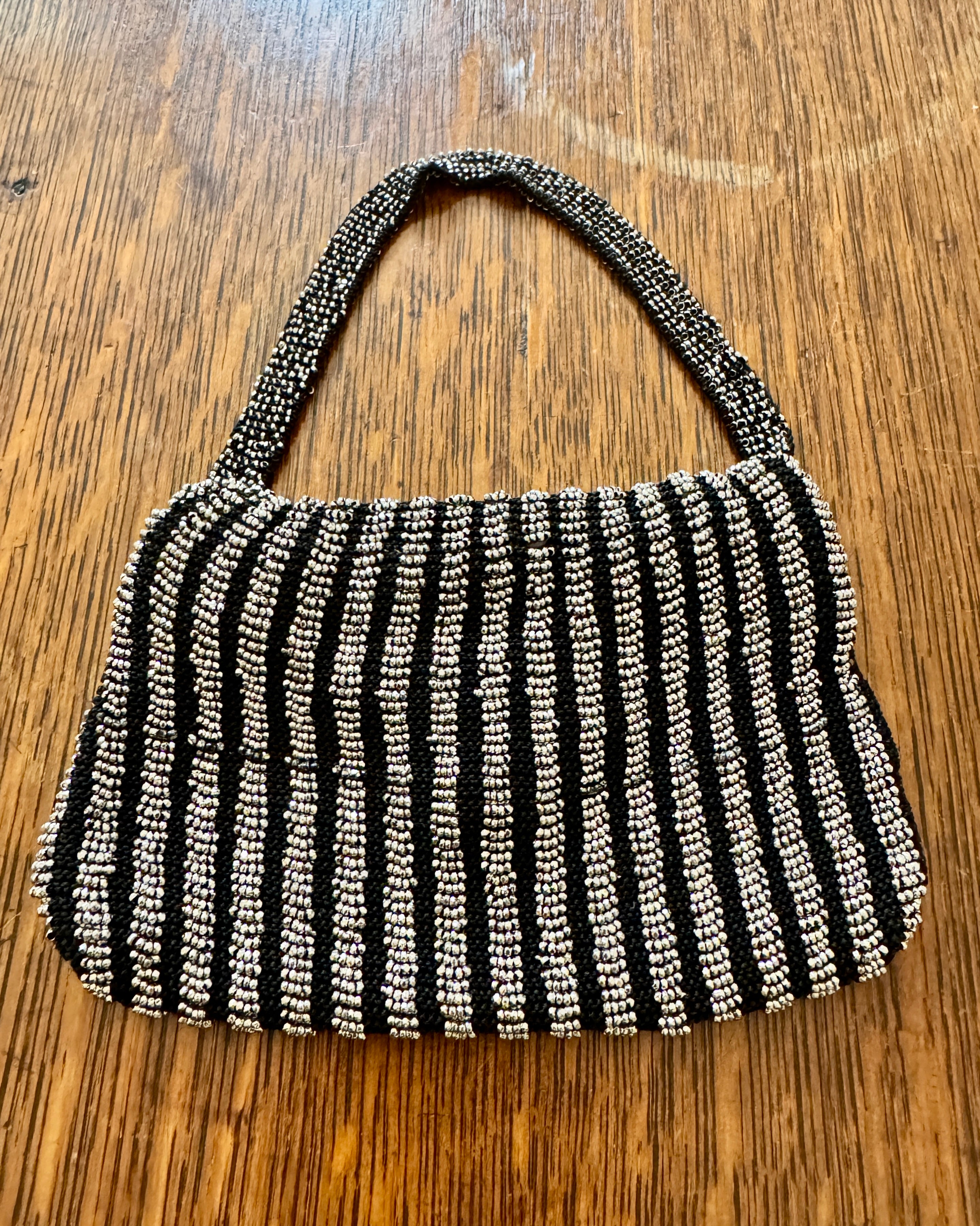 Antique Victorian Mid to Late 1800s Small Black Crochet Wristlet Purse Bag with Stripe Design in Steel Cut Beads