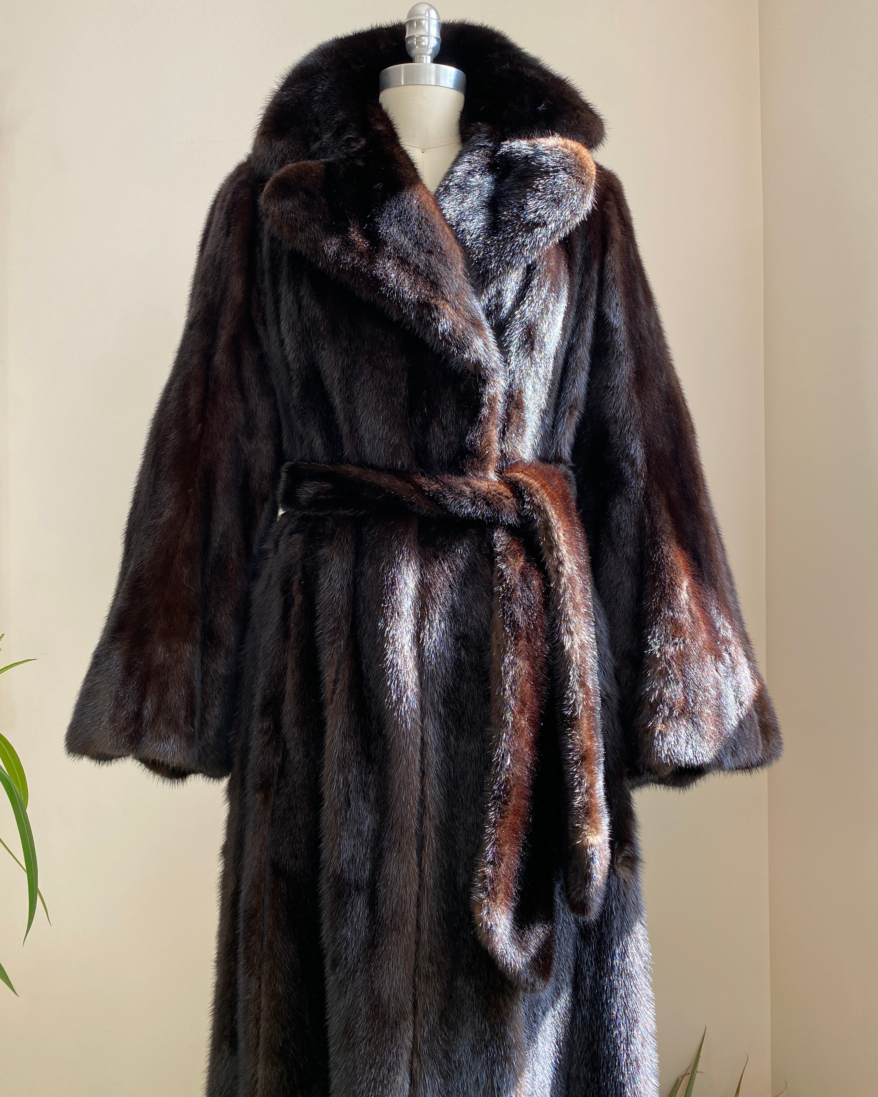 Vintage 1970s SAMUEL GROSSMAN Dark Brown Mink Panelled Fur Coat / with Belt / Notch Lapel Collar /  Bell Sleeves size S 4