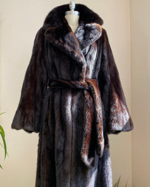 Vintage 1970s SAMUEL GROSSMAN Dark Brown Mink Panelled Fur Coat / with Belt / Notch Lapel Collar /  Bell Sleeves size S 4