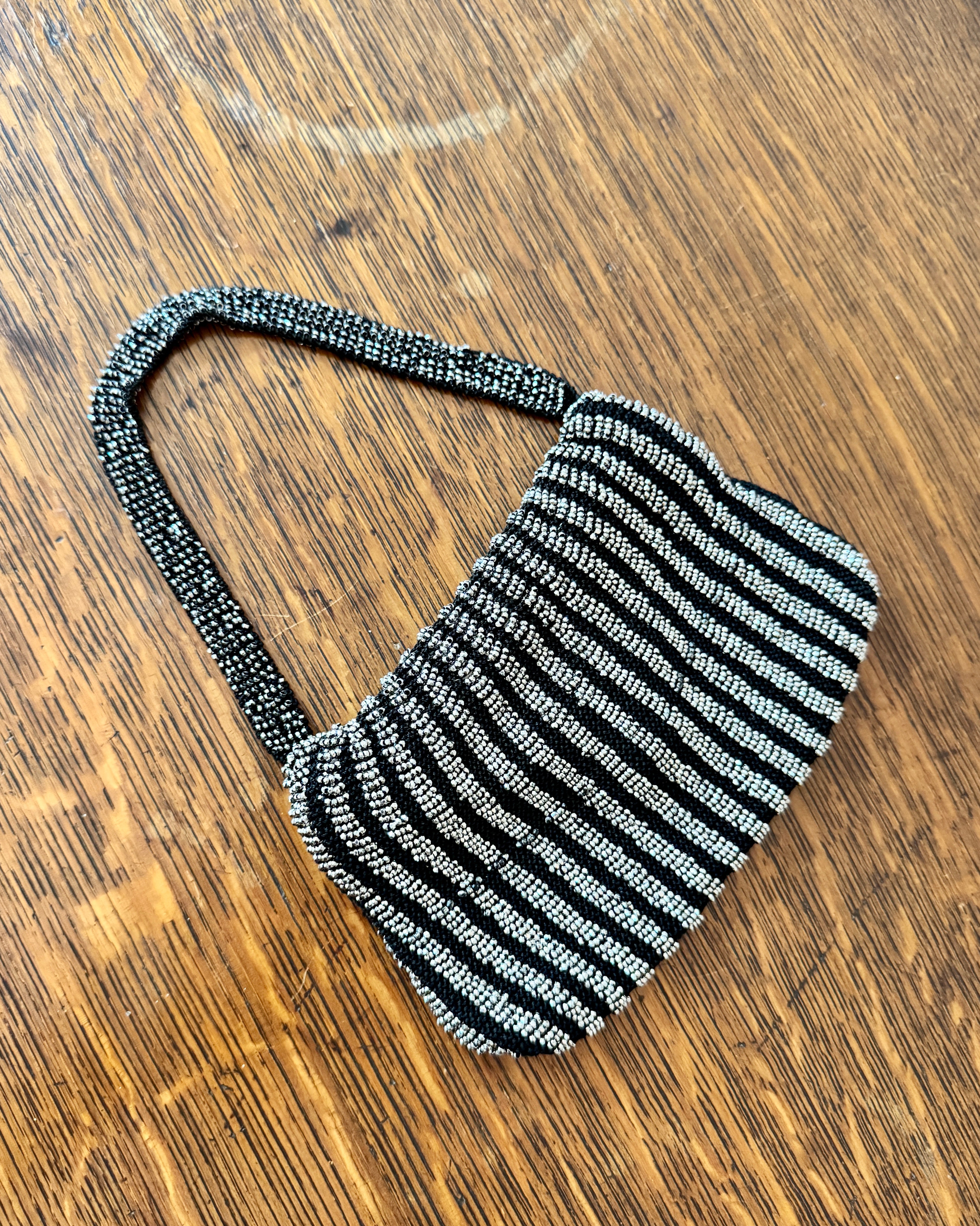 Antique Victorian Mid to Late 1800s Small Black Crochet Wristlet Purse Bag with Stripe Design in Steel Cut Beads