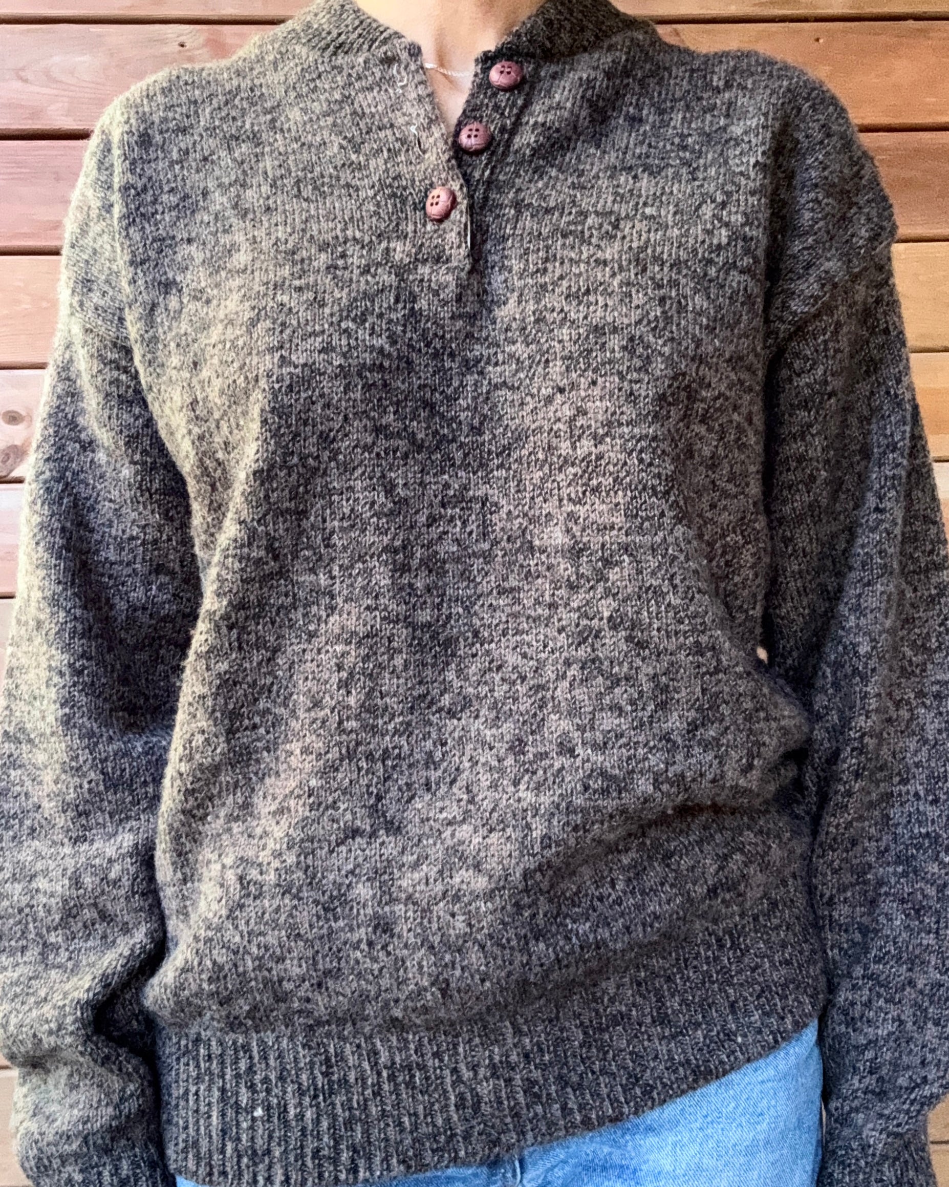 Vintage OshKosh B'Gosh Rag Wool Heathered Brown Henley Neck Sweater Made in USA