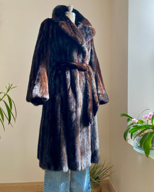 Vintage 1970s SAMUEL GROSSMAN Dark Brown Mink Panelled Fur Coat / with Belt / Notch Lapel Collar /  Bell Sleeves size S 4