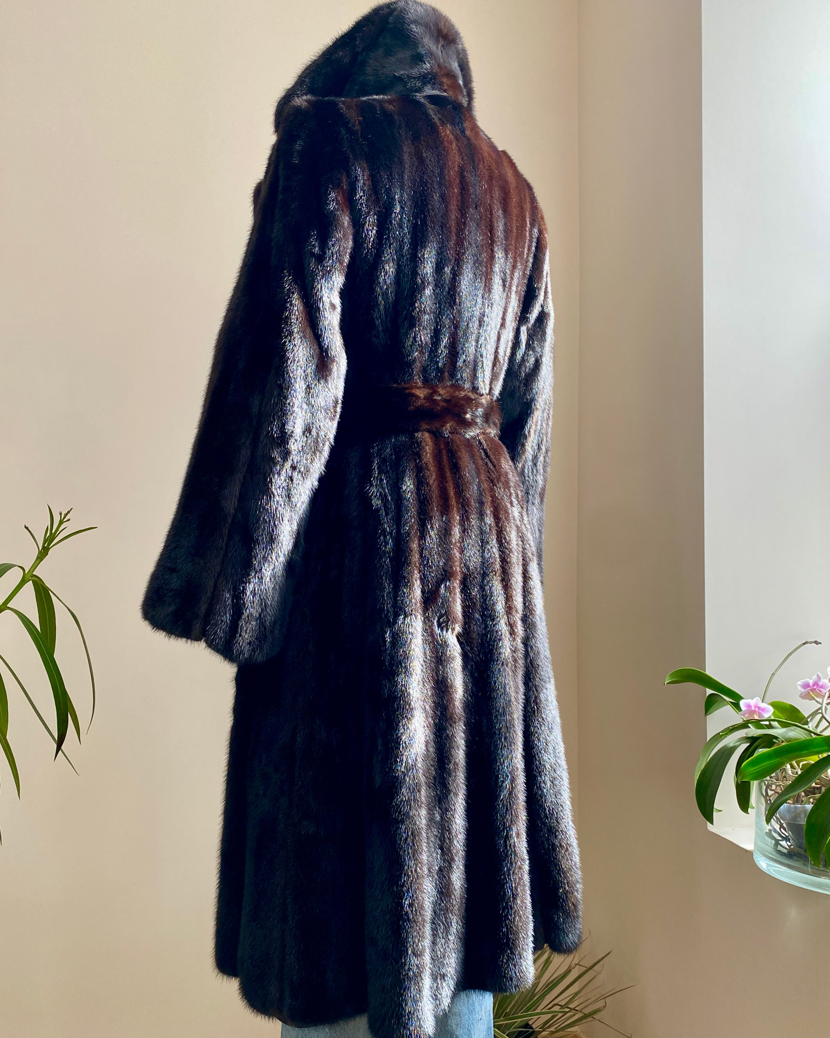 Vintage 1970s SAMUEL GROSSMAN Dark Brown Mink Panelled Fur Coat / with Belt / Notch Lapel Collar /  Bell Sleeves size S 4