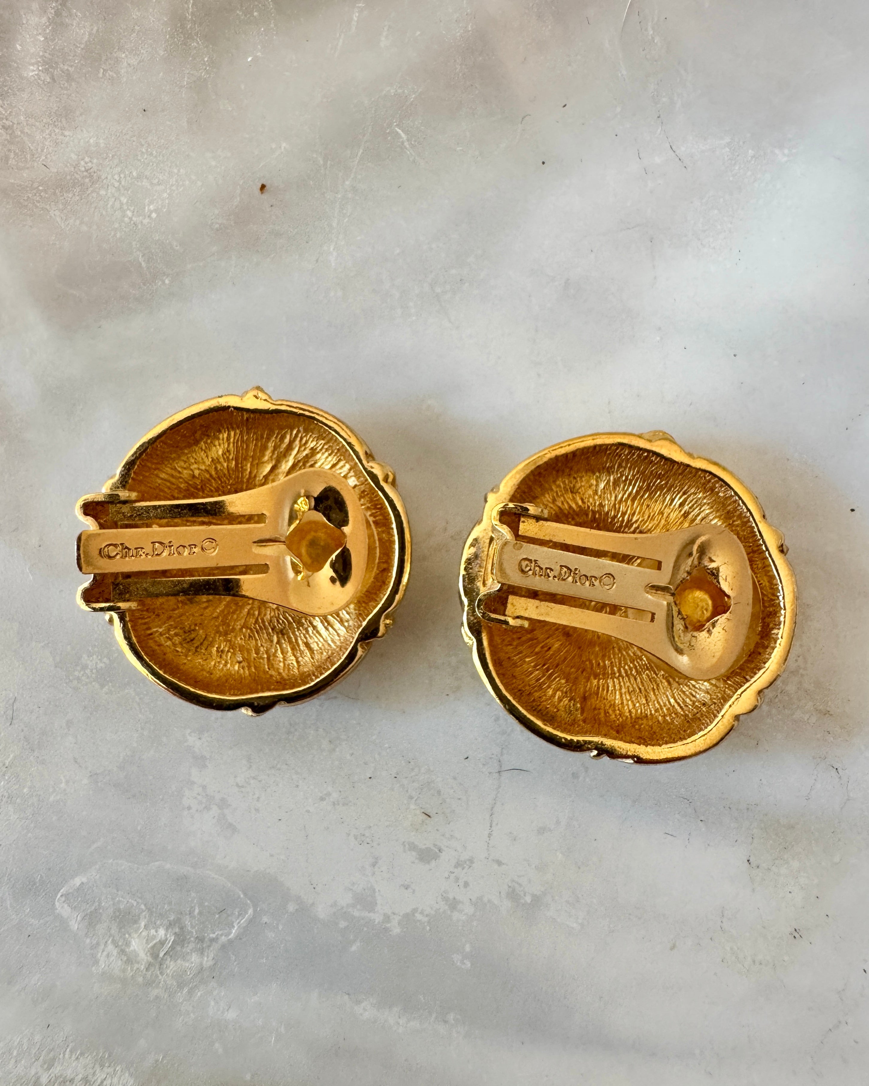 Vintage 80s Signed Christian Dior Gold Plate Round Criss Cross Rope Earrings Clip Ons